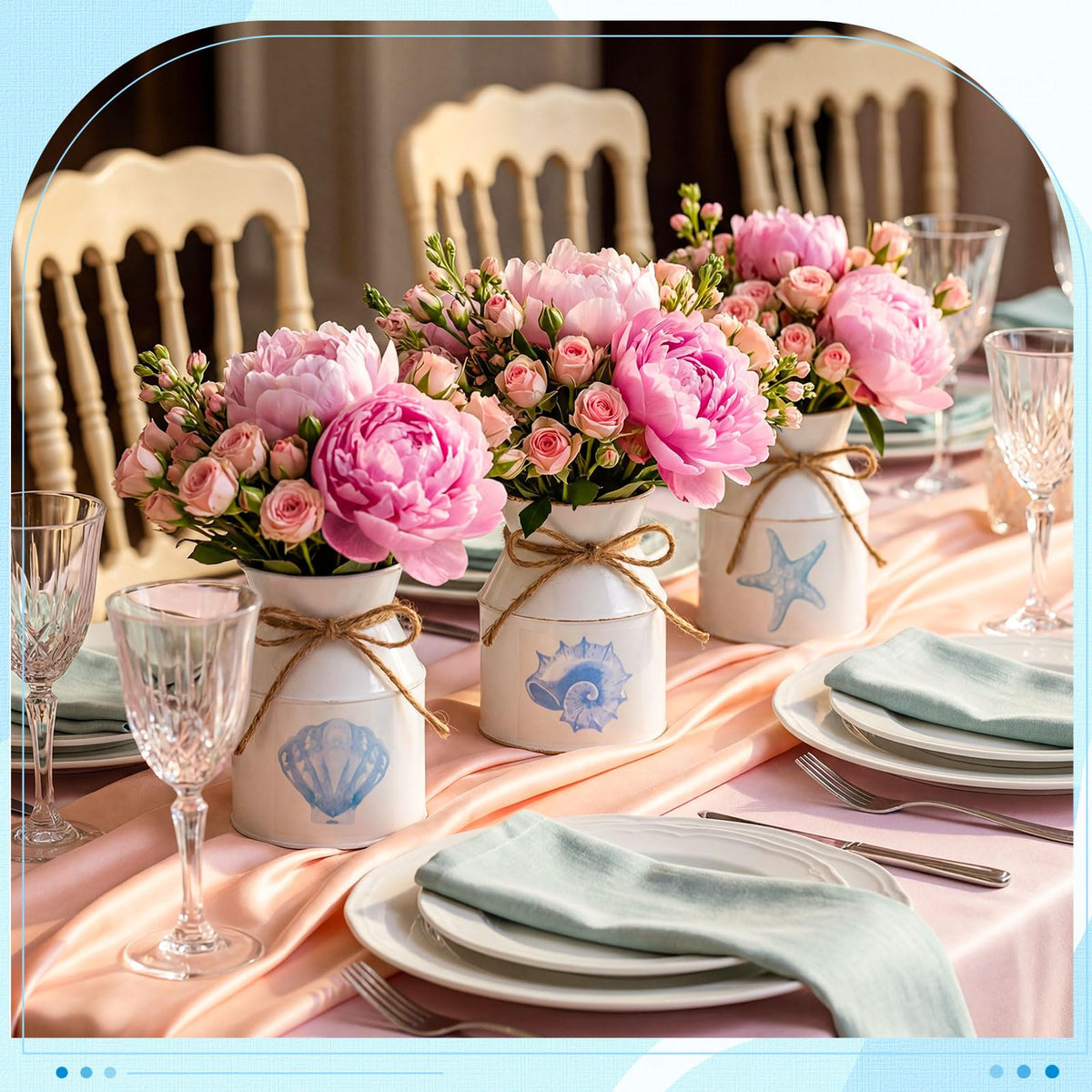 Domensi 3 Pcs 5.12" Beach Coastal Vase Table Decor Metal Seashell Starfish Conch Flower Bucket Farmhouse Ocean Centerpieces for Table Rustic Nautical Milk Can Jug with Twine Bow for Wedding Home Decor
