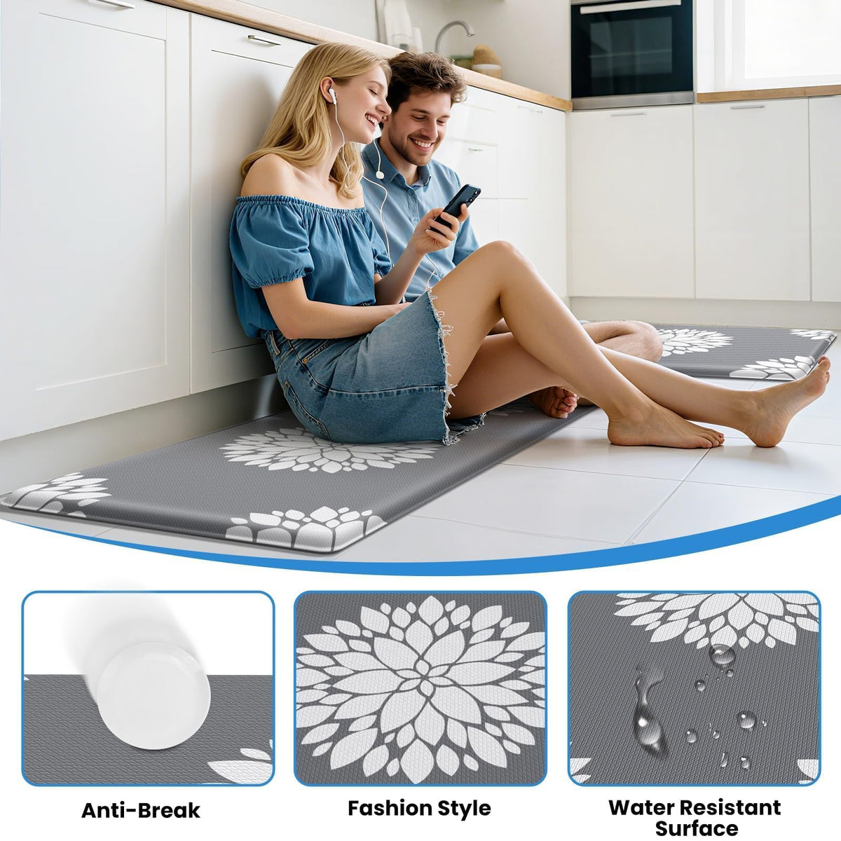 DailyCuddles Kitchen Mats for Floor [2PCS], Soft Anti Fatigue Kitchen Rugs for Home, Water Resistant Cushioned Standing Desk Mats, Non-slip Comfort Mat for Floor, Kitchen, Office, Sink, Laundry (Grey)