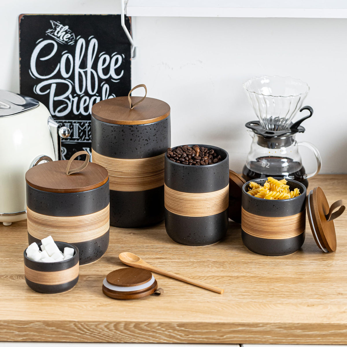 Miamolo Small Ceramic Jar with Lid, Coffee Container Kitchen Food Storage Jars for Spice Sugar Tea Bag Matcha Container Airtight, Stacairtightkable Decorative Jars for Countertop, Black & 5 fl.oz