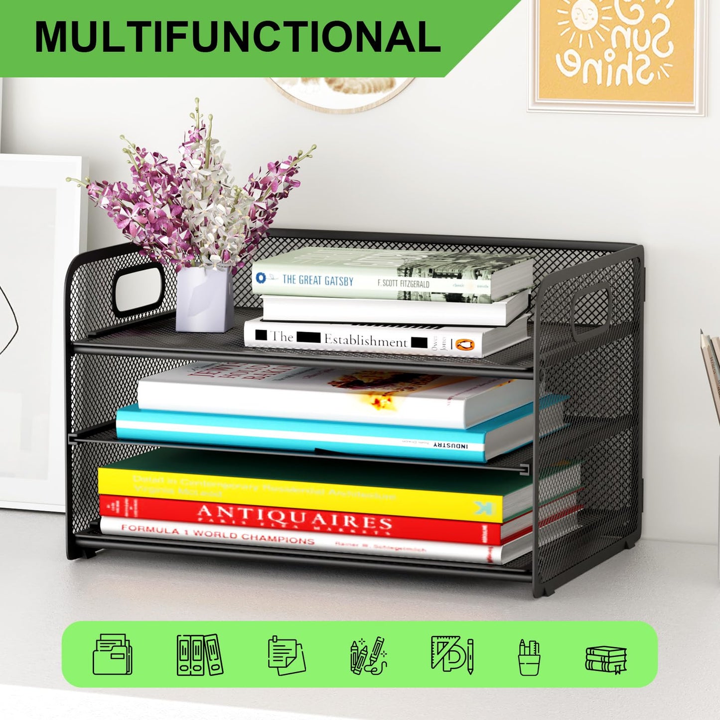 GDINDINFAN 3 Tier Paper Letter Tray Organizer for Desk, Mesh File Folder Document Organizer with Handle for Home Office Supplies Desktop Accessories, Black