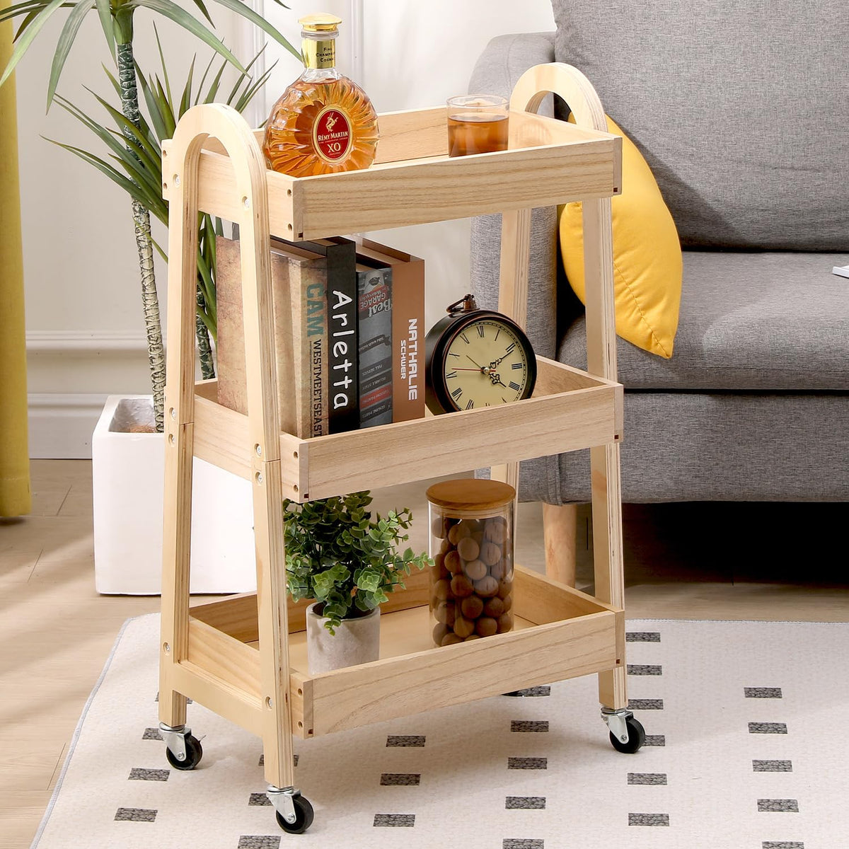 3-Tier Wooden Rolling Cart- Wooden Utility Cart wit Wheels- Utility Rolling Cart-Storage Trolley Organizer- Rolling Kitchen Cart Serving Cart for Office,Kitchen, Kids' Room (natural wood color)