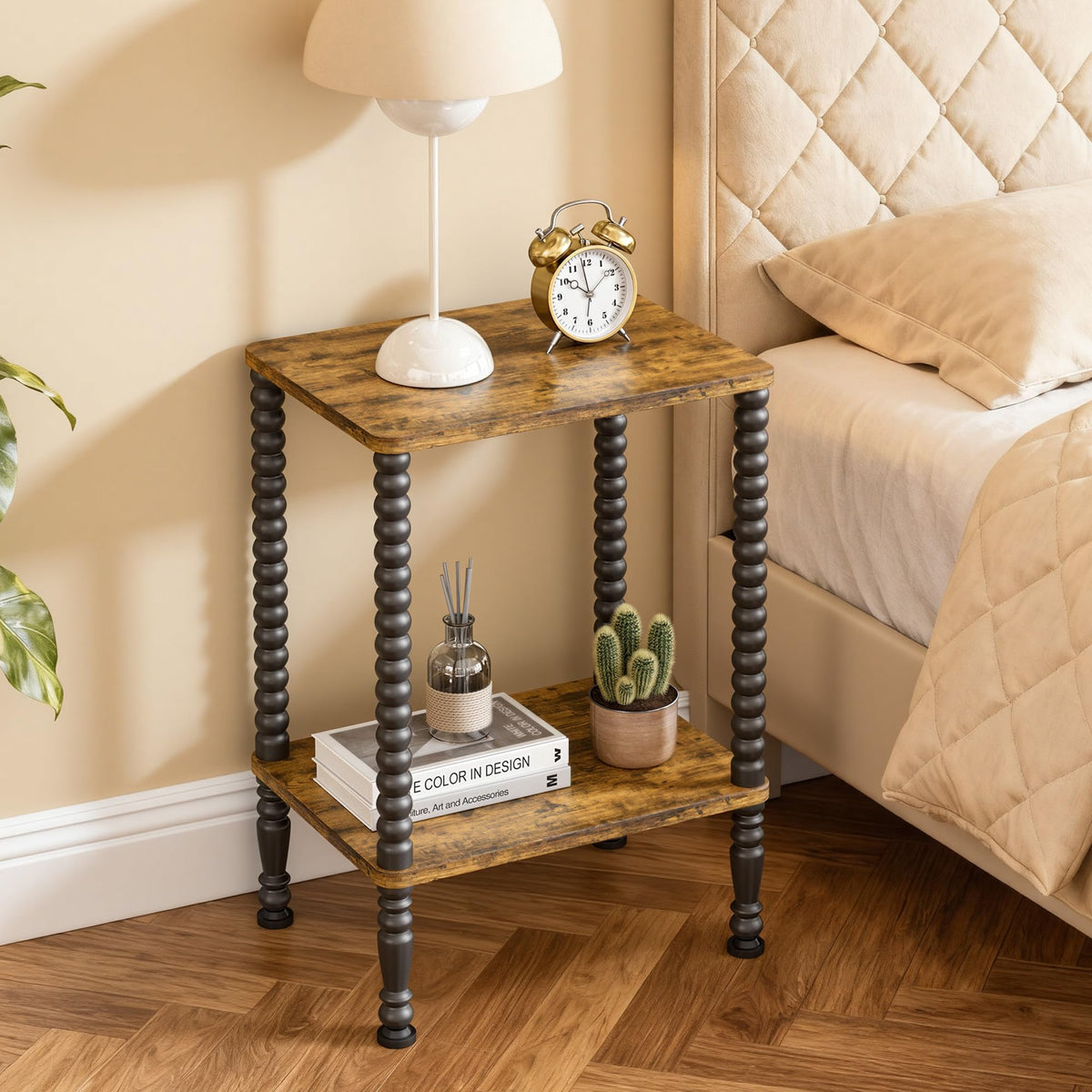 Homedawn Side Table, Small End Table, 2-Tier Nightstand with Storage Shelves, Coffee Table for Small Spaces, Curved Design, Sofa Table for Living Room, Bedroom, Rustic Brown and Black