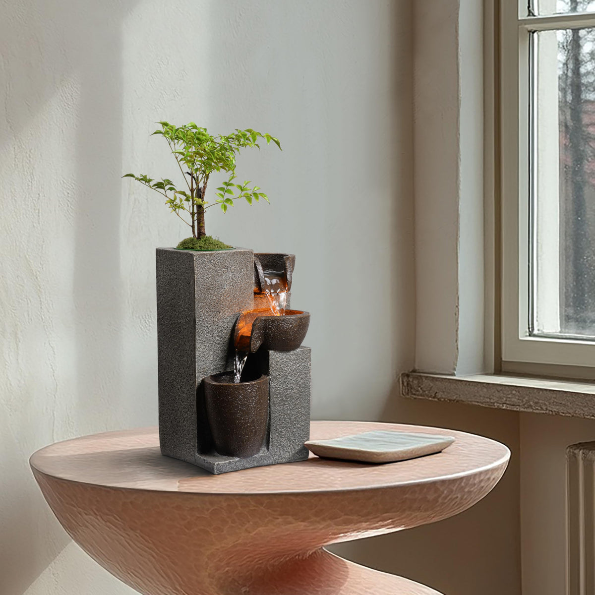 Mseonwxi Resin Tabletop Waterfall Fountain with LED Light & Plant Pot, Indoor Desk Water Fountains for Home Office Decor (22028N)