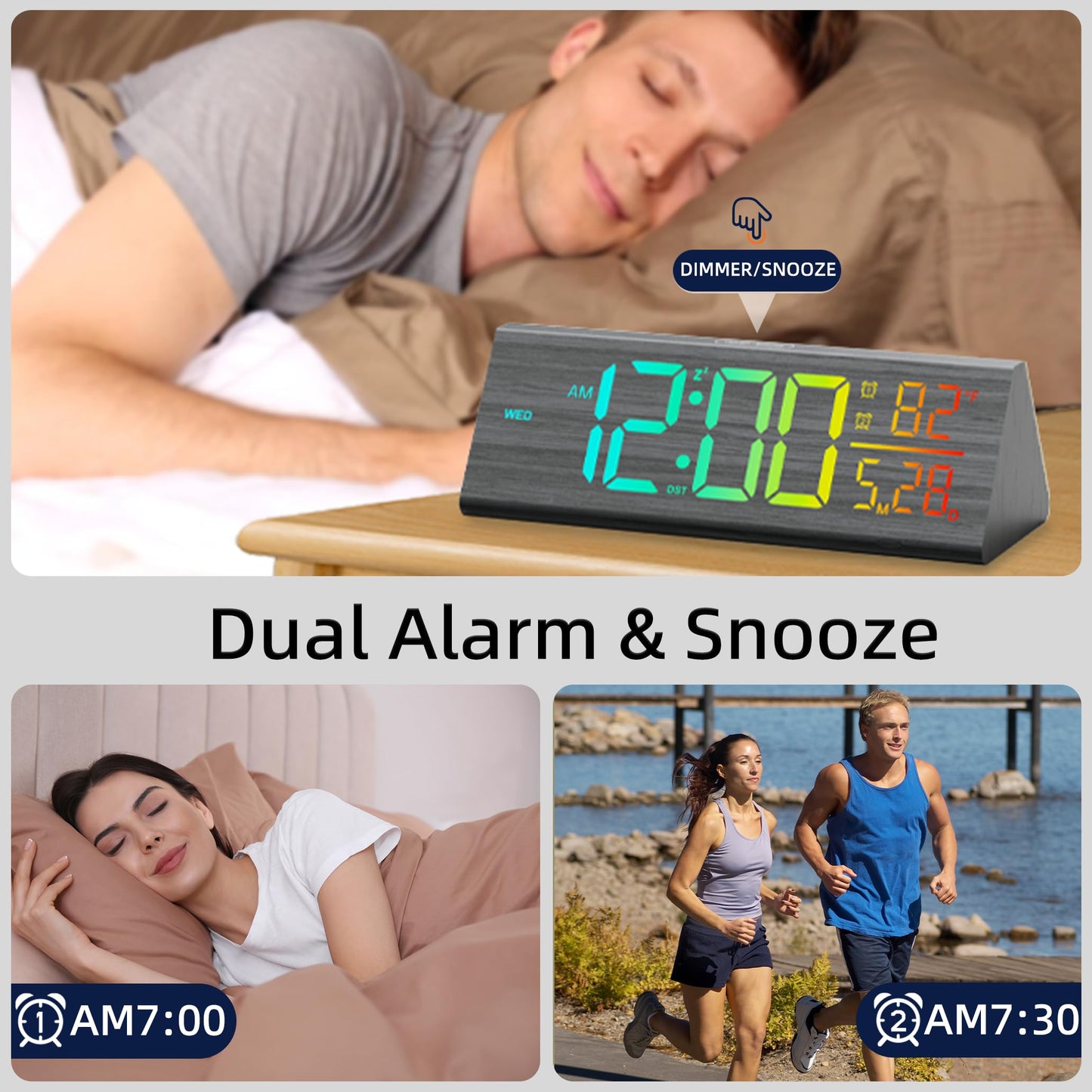Haimiage Solid Wood Digital Alarm Clock for Bedroom - 8.8 Inch Large Display, Multicolor Backlight Time Display, Dual Alarms, Date/Temp/Day, DST, Snooze, Black