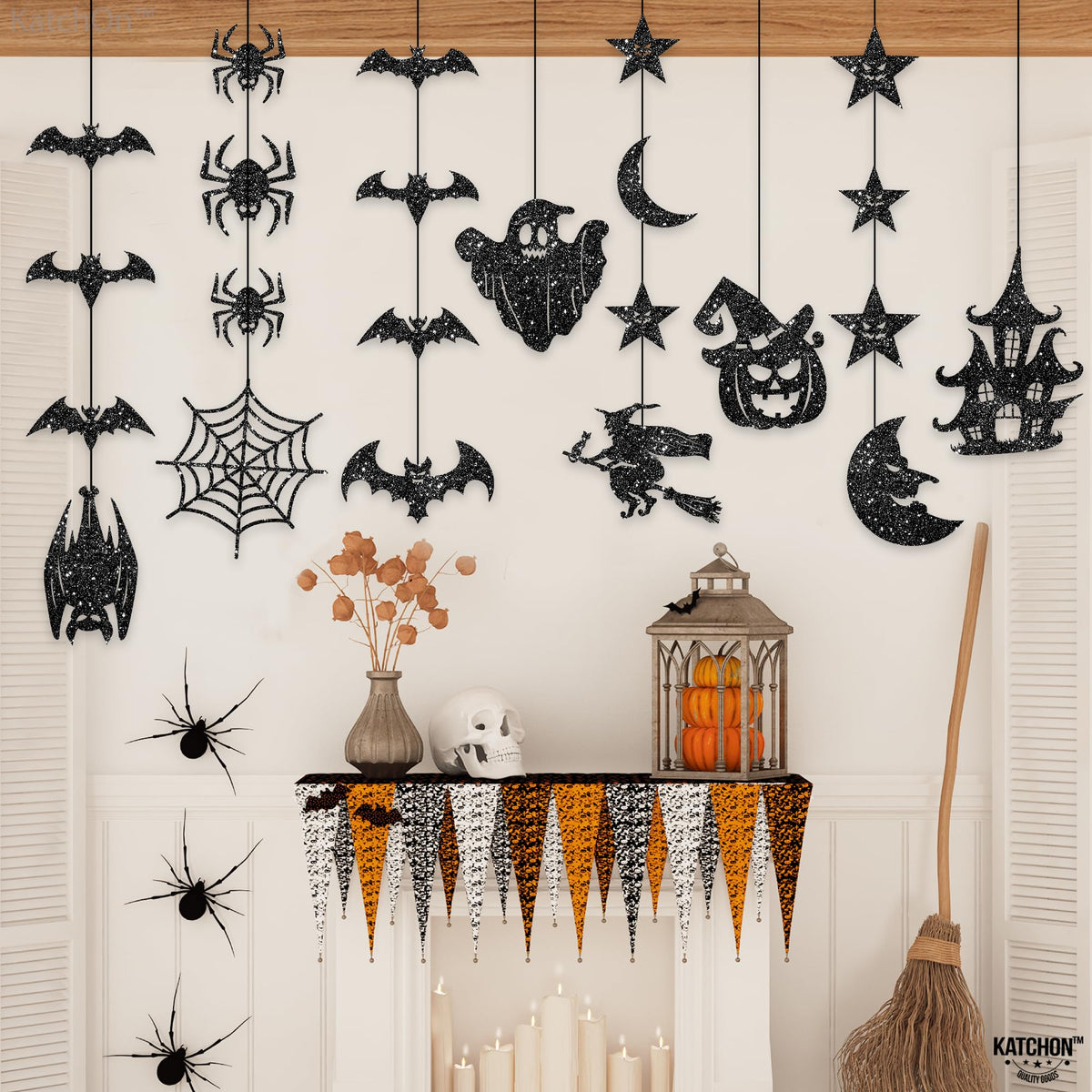 KatchOn, Glitter Black Halloween Garland - Huge, Pack of 10 | Halloween Party Decor Garland with Ghost, Witch, Skull, Raven, Pumpkin & Tree Cutouts | Spooky Party Hanging Decoration