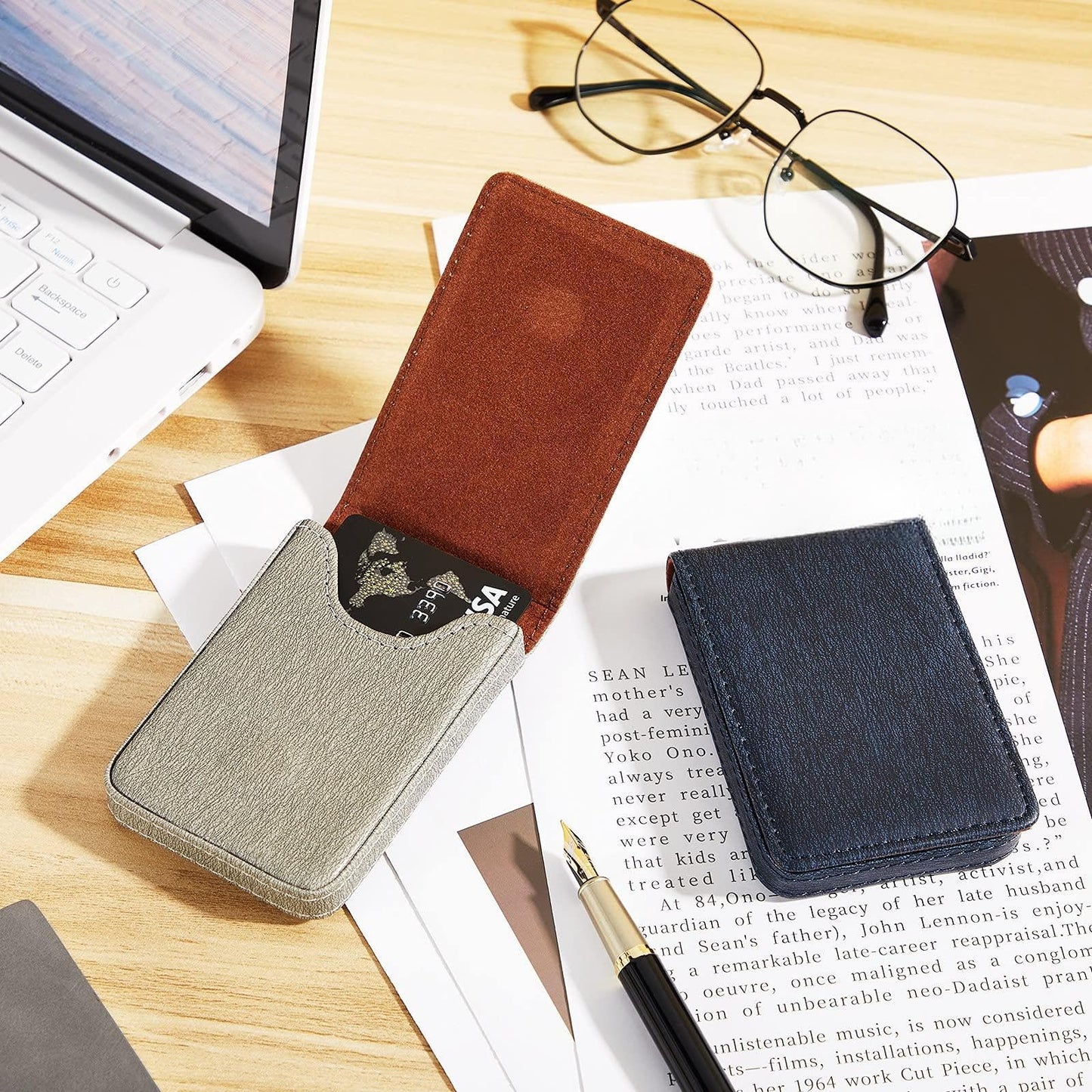 Outus 4 Pieces Business Card Holder, Gift for Husband Him Men PU Leather Business Card Case Pocket Wallet with Magnetic Shut for Valentine's Day Gift(Black, Coffee, Gray, Navy)