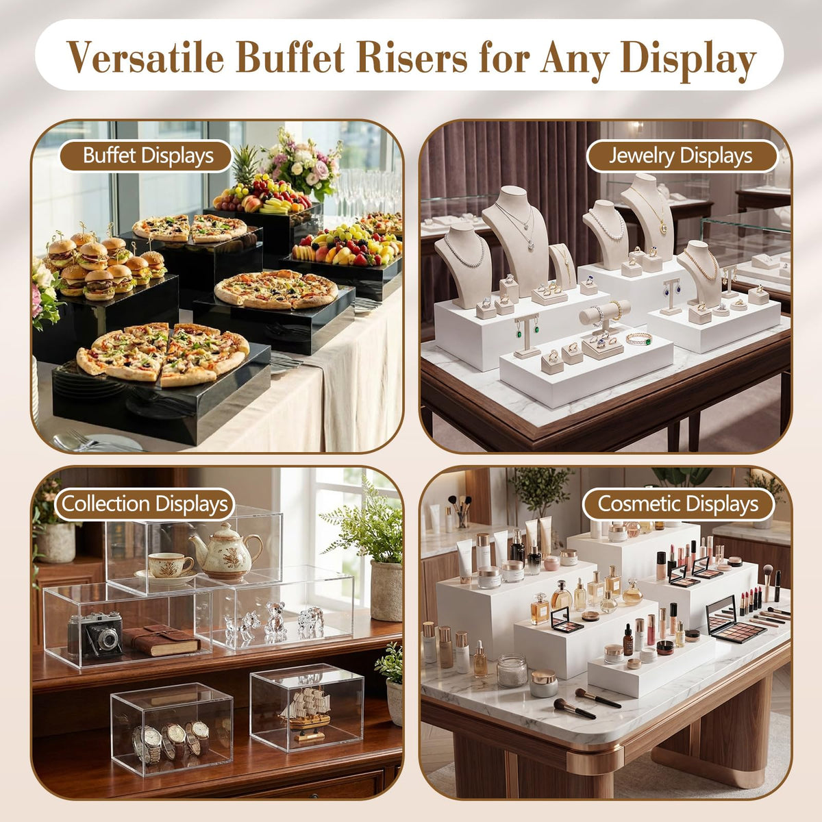 Leinuosen 7 Pcs Large Buffet Risers Set 6" to 12" Acrylic Display Box Catering Dessert Table Riser Food Display Decorative Stand with Hollow Bottom for Catering Supplies(White, Square)
