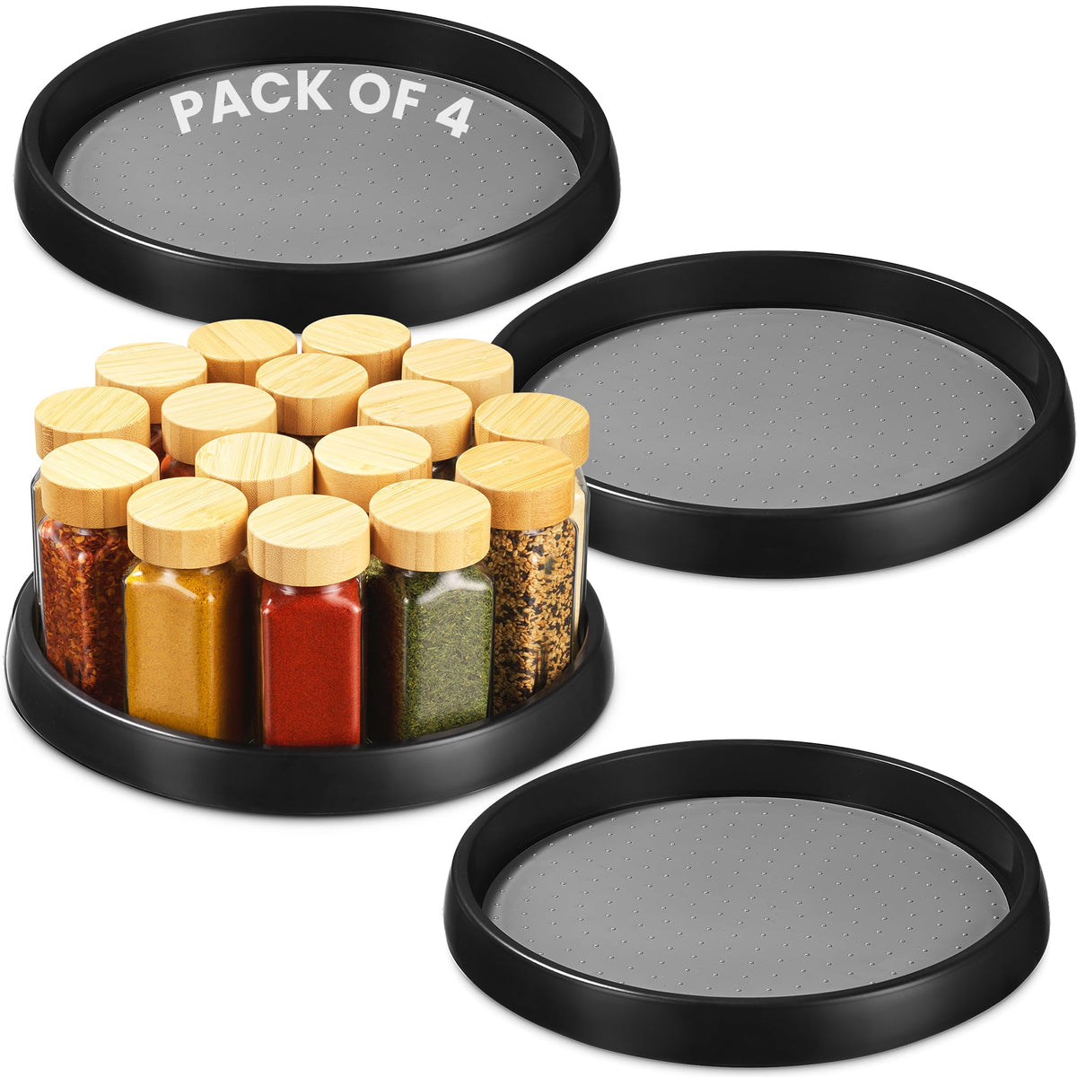 Oizeir 10 Inch Lazy Susan (Set of 4) - Non-Skid Turntable for Cabinet to Maximize Storage and Simplify Accessibility in Kitchen, Bathroom, and Pantry Spaces (Black)