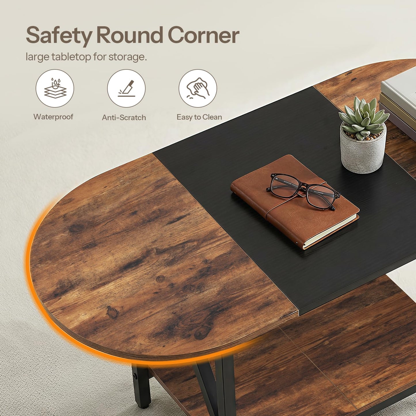 HOOBRO Coffee Table for Living Room, 2-Tier Oval Coffee Table, Industrail Centre Table with Open Shelf, for Small Space, Home Office and Dining Room, Rustic Brown and Black BFK13KF01