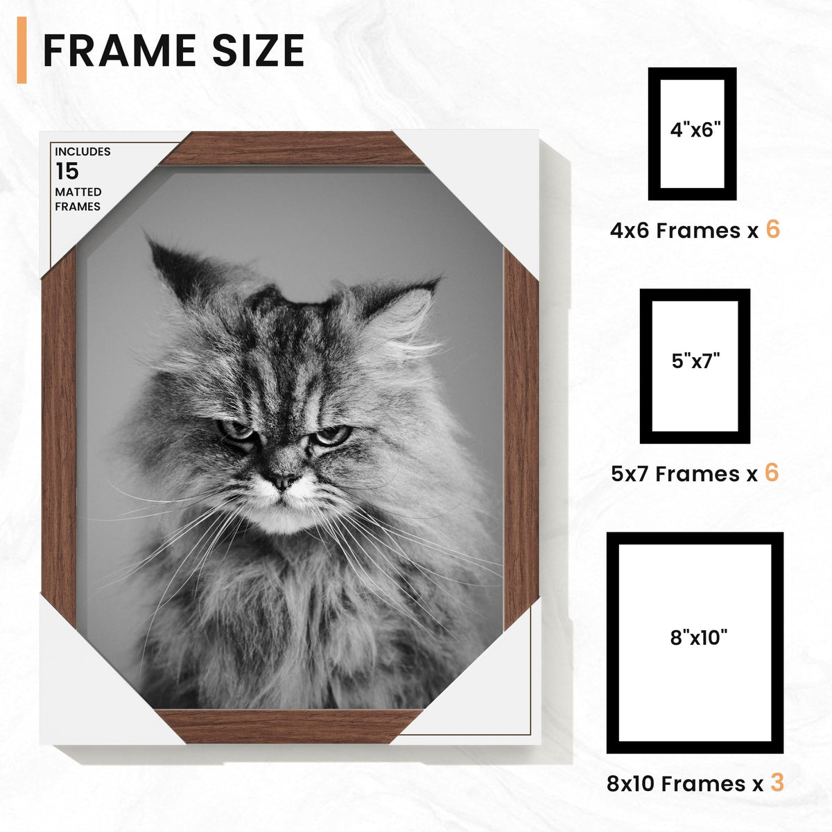 Venusmiles 15 Pack Picture Frames Collage Wall Decor, Gallery Frame Set for Wall Mounting or Tabletop Display, Multi Sizes Including 3pcs 8x10, 6pcs 5x7, 6pcs 4x6, Walnut