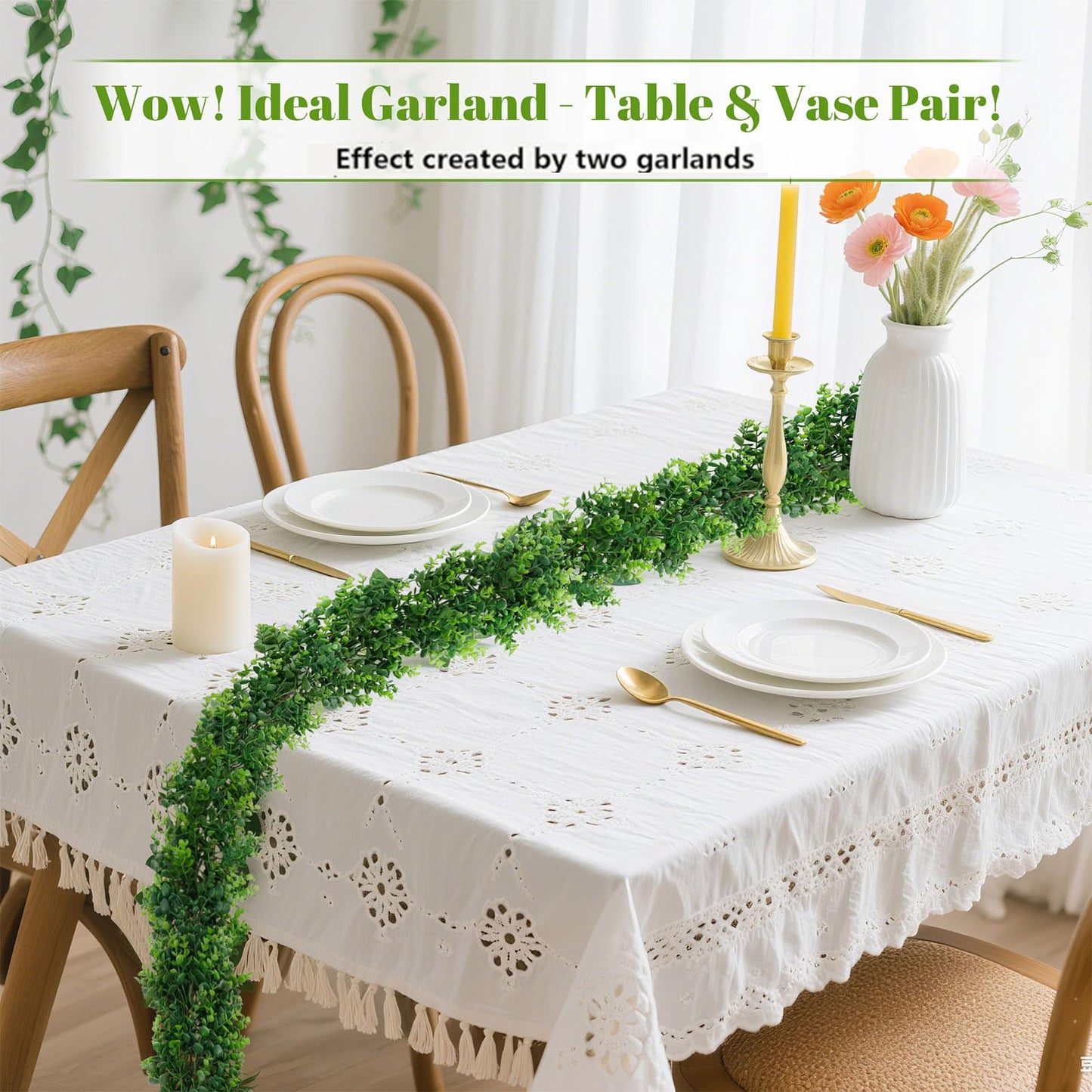 DDHS Artificial Boxwood Garland, 6FT Fake Plant Greenery Eucalyptus Garland Faux Vines Hanging Plant Green Artificial Boxwood Plants for UV Outdoor Indoor Wedding Backdrop Wall Table Farmhouse Party