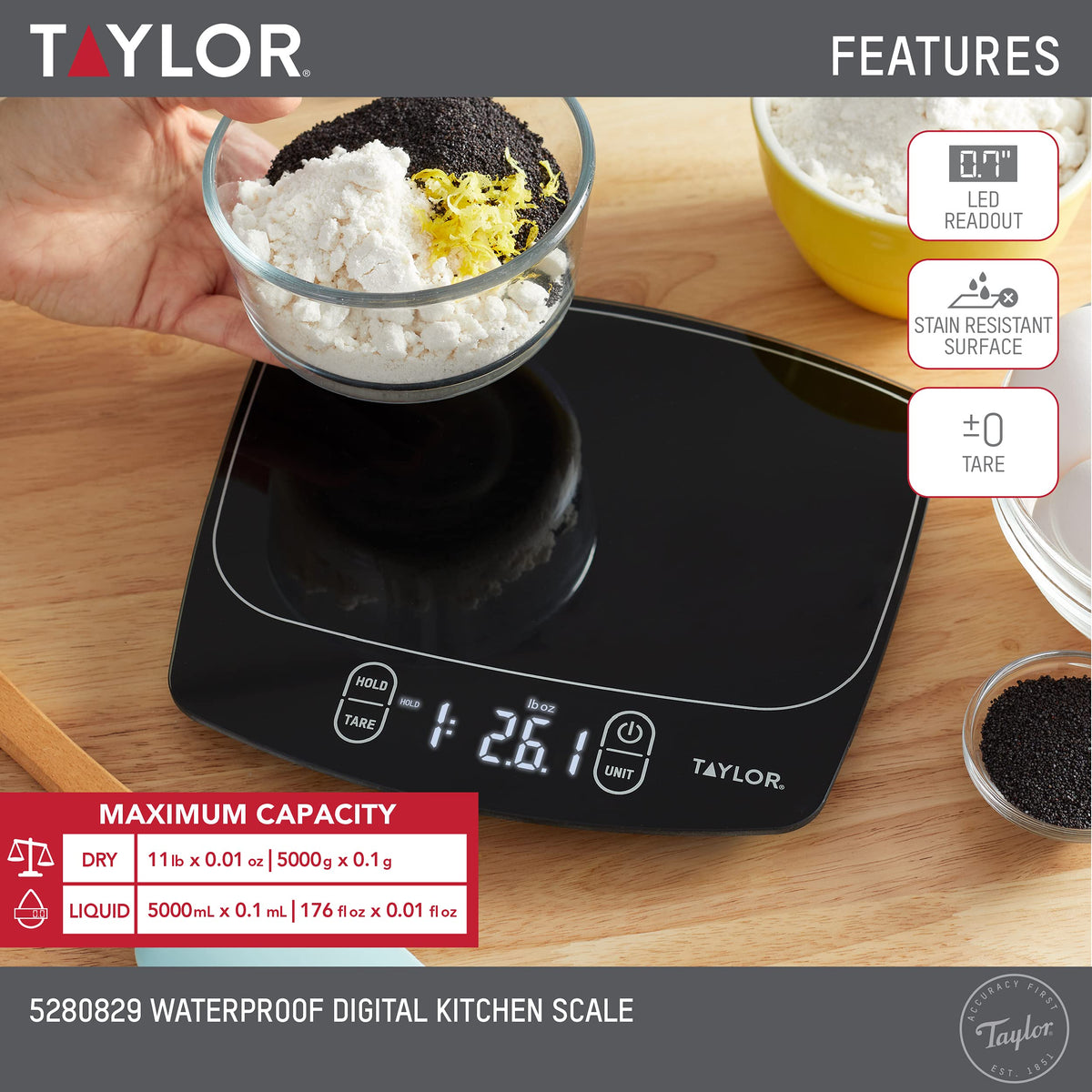 Taylor Waterproof Digital Kitchen Scale, 11 pounds, Black