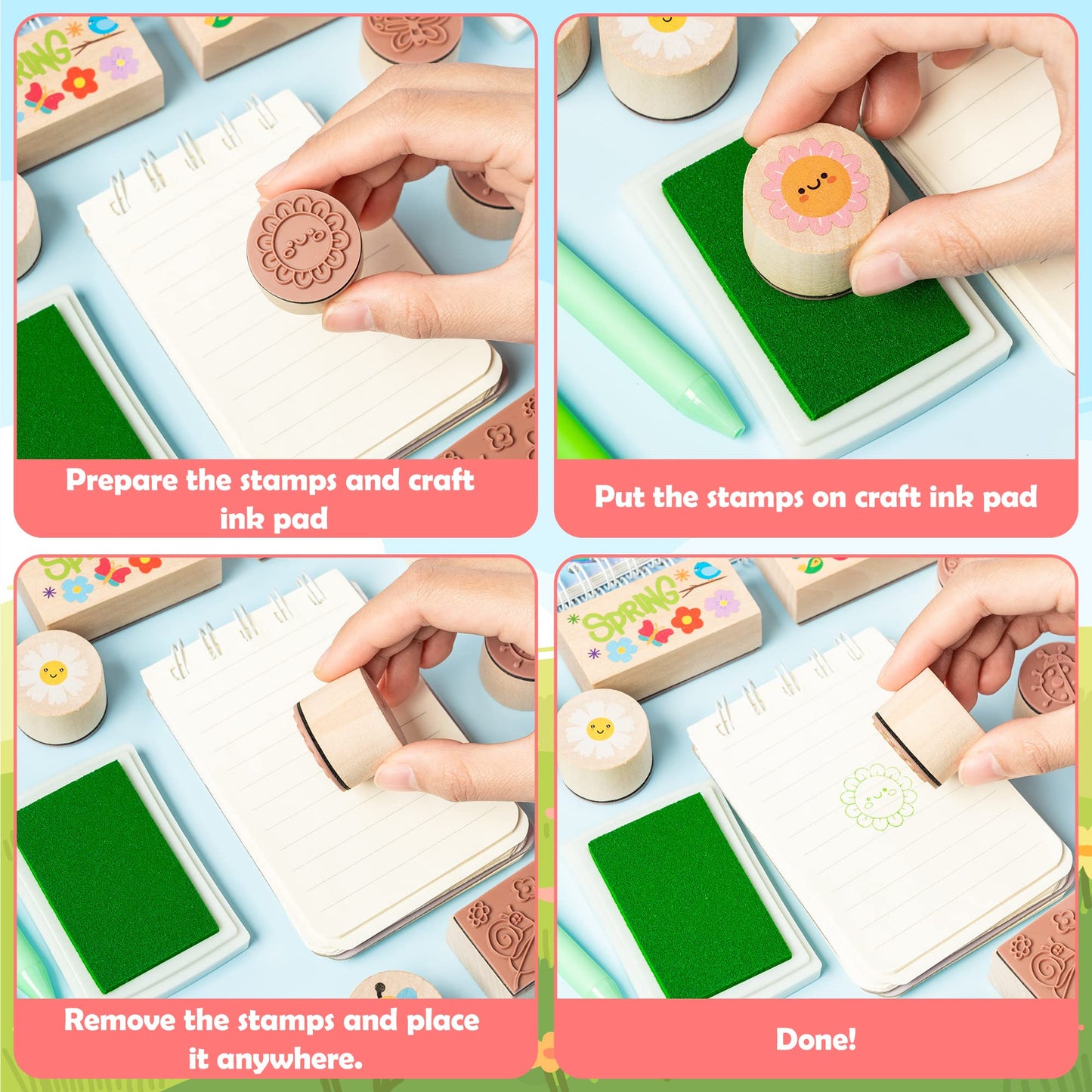CUweipeng Spring Wooden Rubber Stamps - 30 Pcs Hello Spring DIY Craft Card Stamps Pads Animal Flower Rubber Ink Pads Set for Kids Birthday Gift Favor Classroom Card Scrapbooking Making Supplies