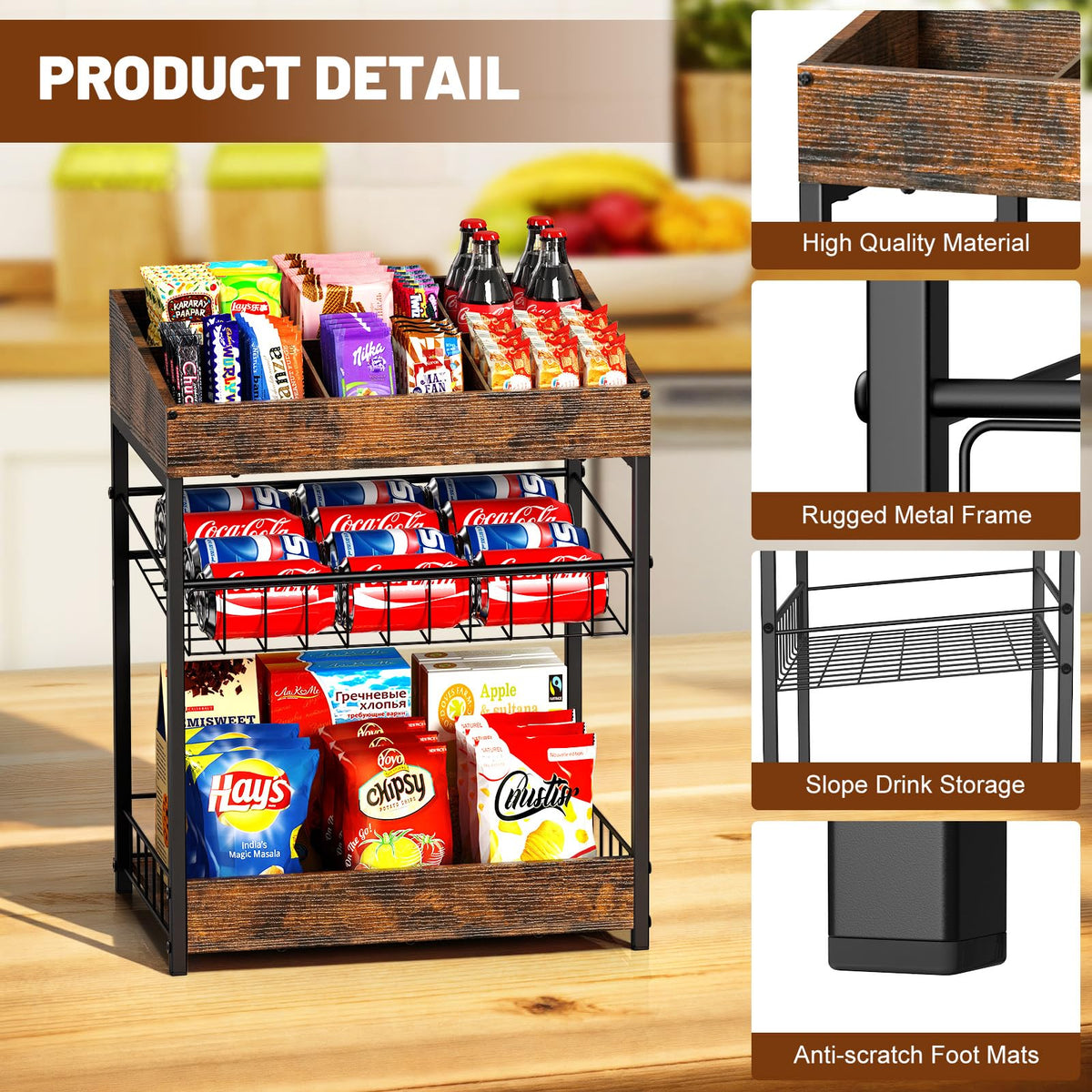 Kssiaz Candy Display Rack, 3 Tier Snack Rack Display for Countertop, Snack Organizer for Pantry, 6 Adjustable Compartment, Retail Display Shelf for Kitchen, Counter, Office, Brown