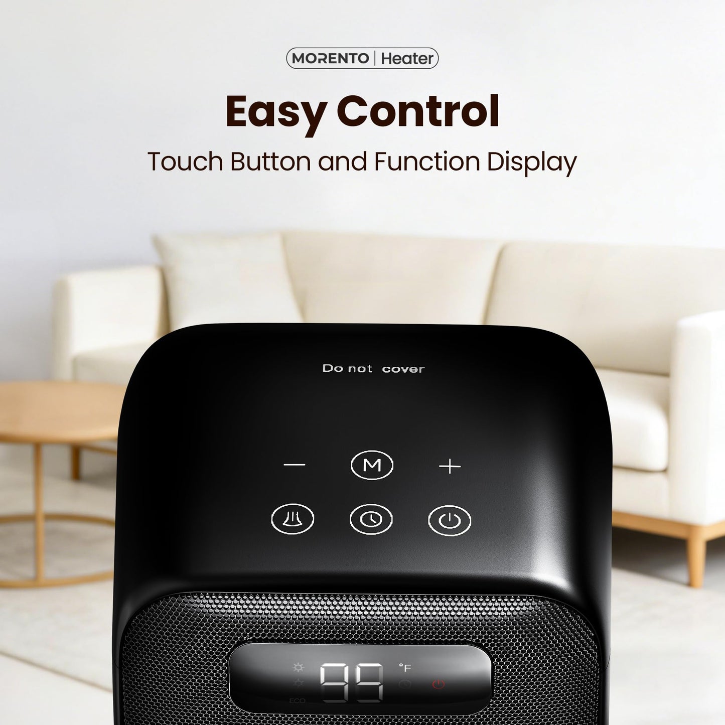 MORENTO Space Heater, 70° Oscillation, LED Display, 12H Timer, Thermostat, Overheat Protection, ECO, Small Space Heaters for Indoor Use, 1500W Ceramic, Heater for Bedroom, Office, Home (Black, 1 Pack)