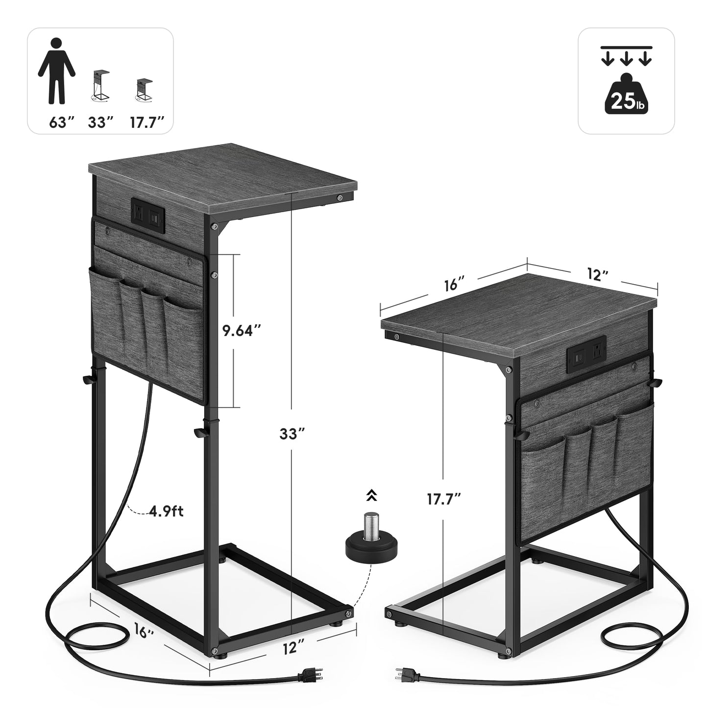 Vagusicc C Shaped End Table with Charging Station, 33" Tall Side Table for Couch, Sofa Table Adjustable Height Couch Side C Table, Slide Under Sofa Tray Table for Living Room Bedroom, Gray Walnut