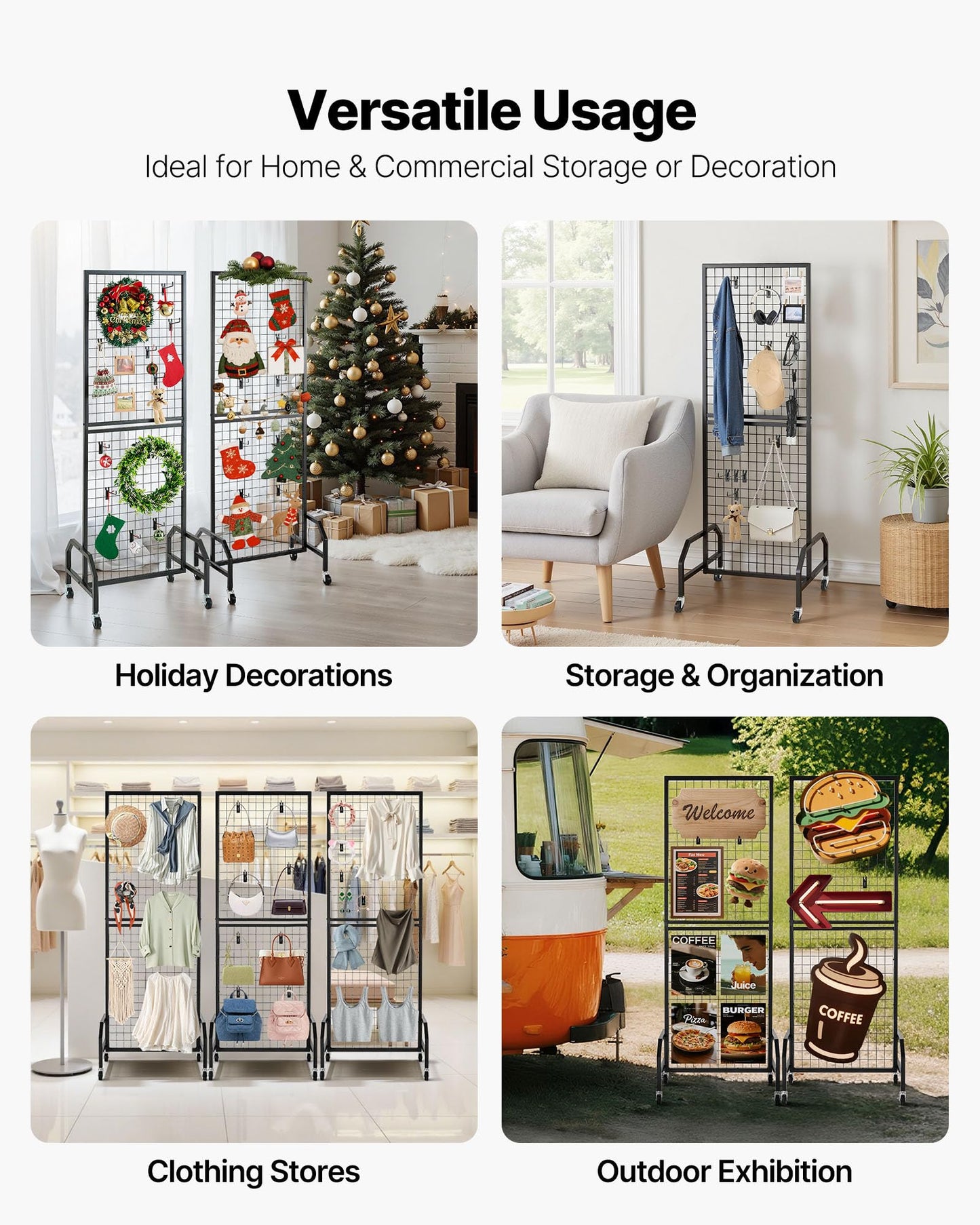 VEVOR 3 Packs Grid Wall Panels, 1.9 x 5.4 ft Wire Grid Panels Display Rack, Movable Art Display Shelf with Wheels and 30 Hooks, Black Carbon Steel Gridwall for Craft Show, Decor, Storage, Notice Board