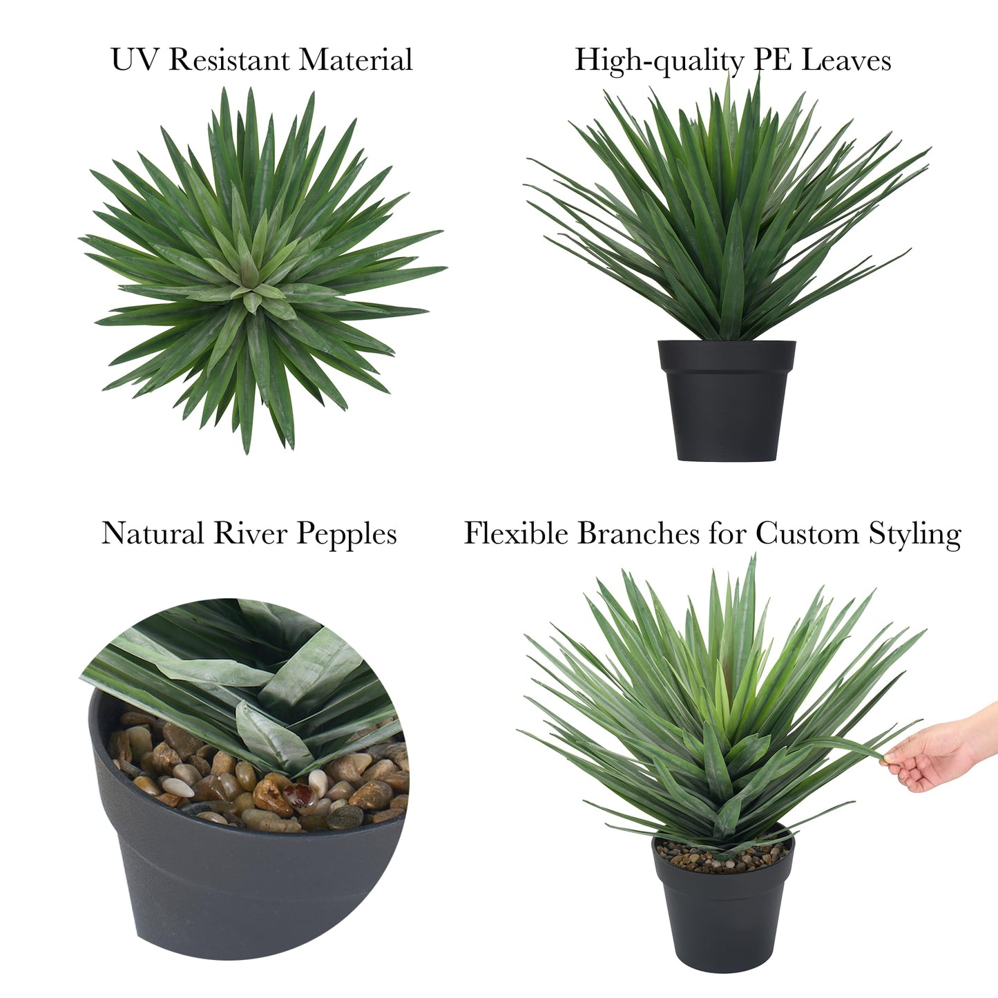 Triferal 22 Inches Artificial Agave Plant for Indoor & Outdoor - Large Fake Agave Plant in Black Pot with Real Stone Pebbles, Modern Home Office Decor, 105 Leaves