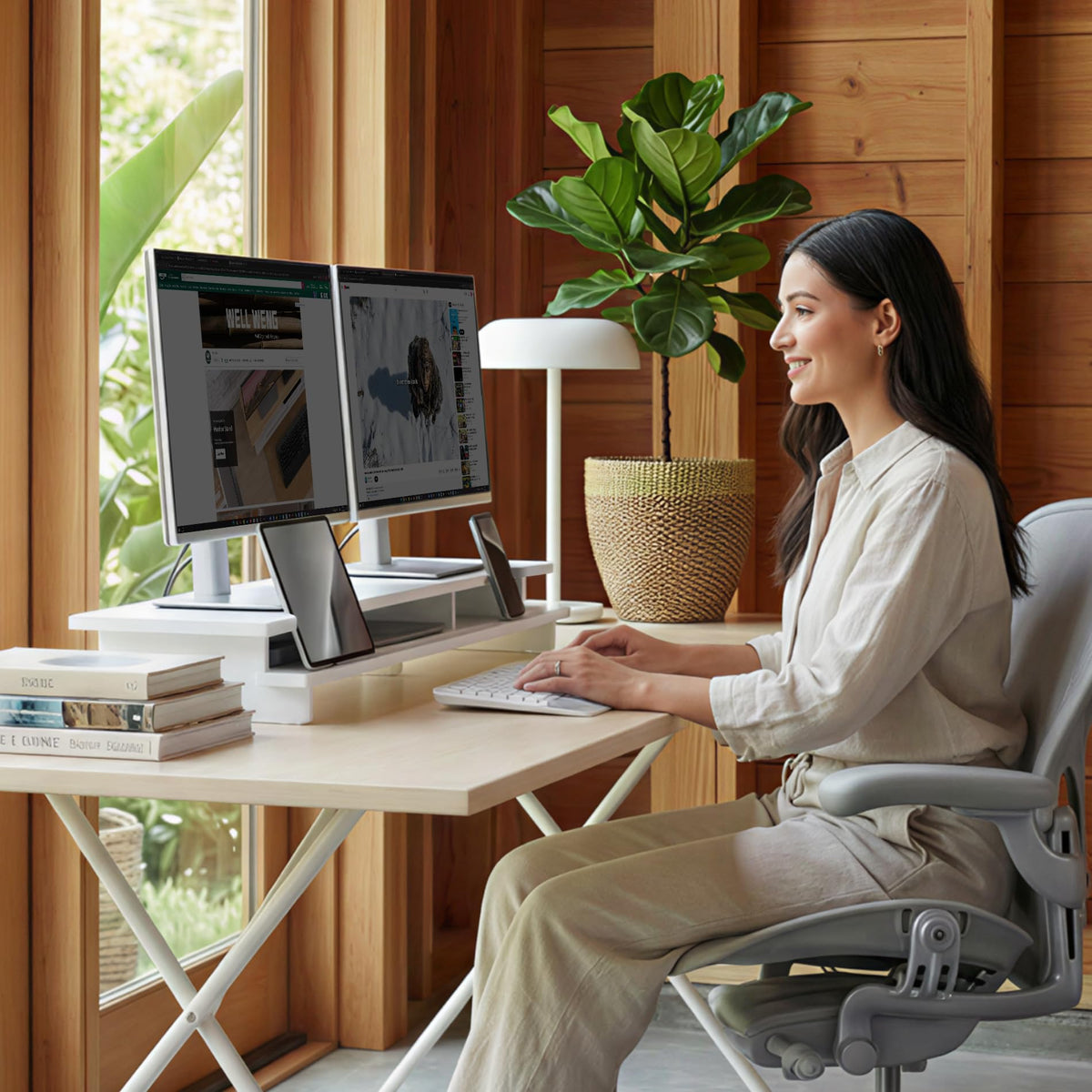 WELL WENG Monitor Stand Dual Monitor Stand Riser for Desk,Wood Desk Shelf Storage Organizer with Phone Tablet Holder (42.5 Inch, White)