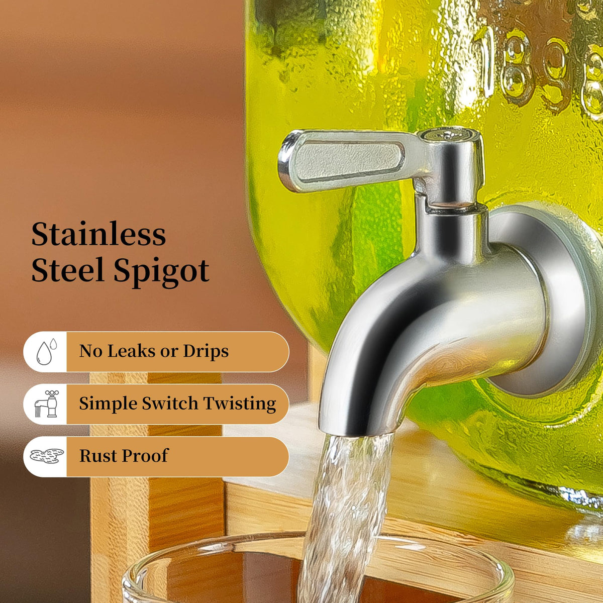 Drink Dispenser with Wood Stand and Lid,2 Gallon Glass Beverage Dispenser with Stainless Steel Spigot for Parties,Picnics,Barbecues,Lemonade,Sun tea Jar,ice coffee,Laundry Detergent Dispenser