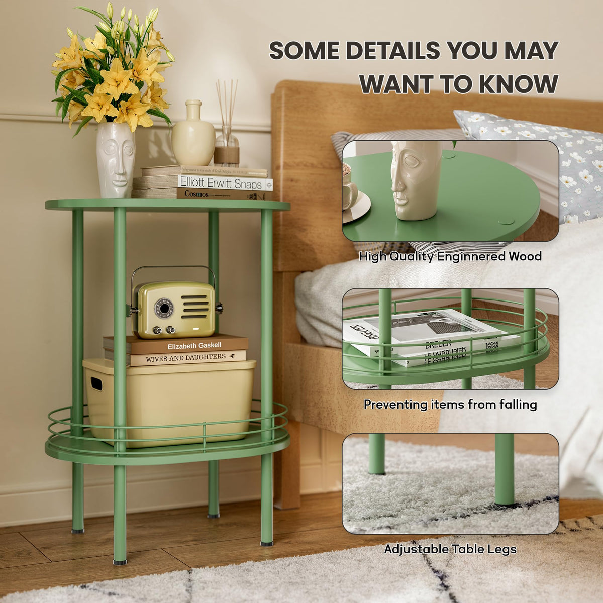 Small Modern Oval Side Table with Storage,2-Tier Side Tables Living Room,Sturdy Nightstand for Small Space - Living Room, Bedroom, Bathroom, Nursery (1PC,Green)