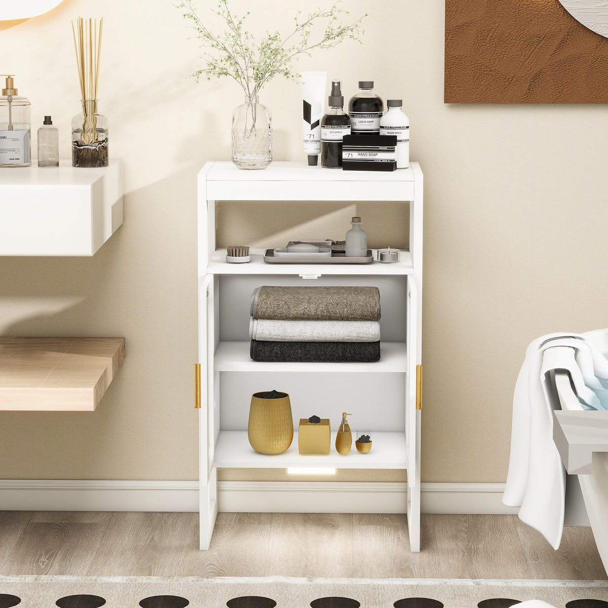 Edospaen Bathroom Floor Storage Cabinet Freestanding Organizer with Sensor Light & Acrylic Doors for Bathroom, Home Office, Bedside, Sofa Side Table