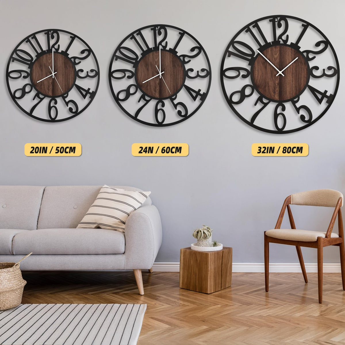 LEIKE Large Wall Clocks with Night Light Battery Operated,Silent Non Ticking,Rustic Modern Big Wood Clock for Living Room, Bedroom,Kitchen,Farmhouse,Office,Home Decor-20 Inch(Black-Arabic Number)