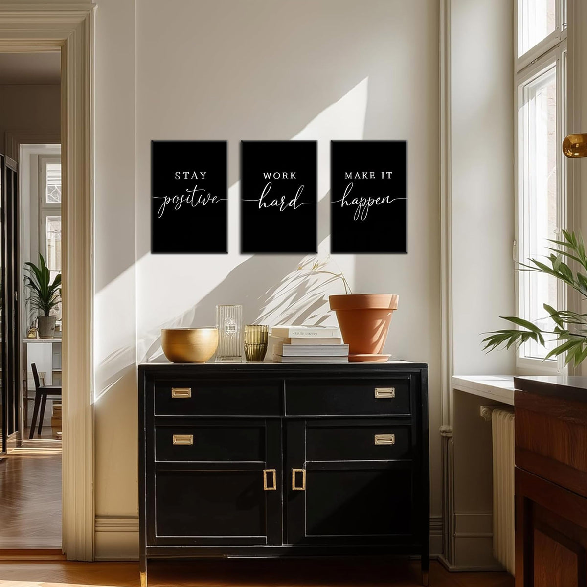 Motivational Office Wall Art Canvas Prints Set of 3 – Stay Positive Work Hard Make It Happen, Modern Positive Quotes Wall Decor for Home Office Living Room Bedroom Decor 12x16 inch Framed