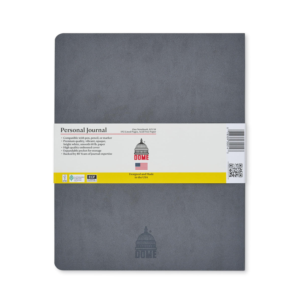 DOME Personal Journal – 8 x 10 Inch Softcover Lined Journal Notebook, 192 Pages, Grey Premium Acid-Free 60-lb Thick Paper, Inner Pocket, Made in USA