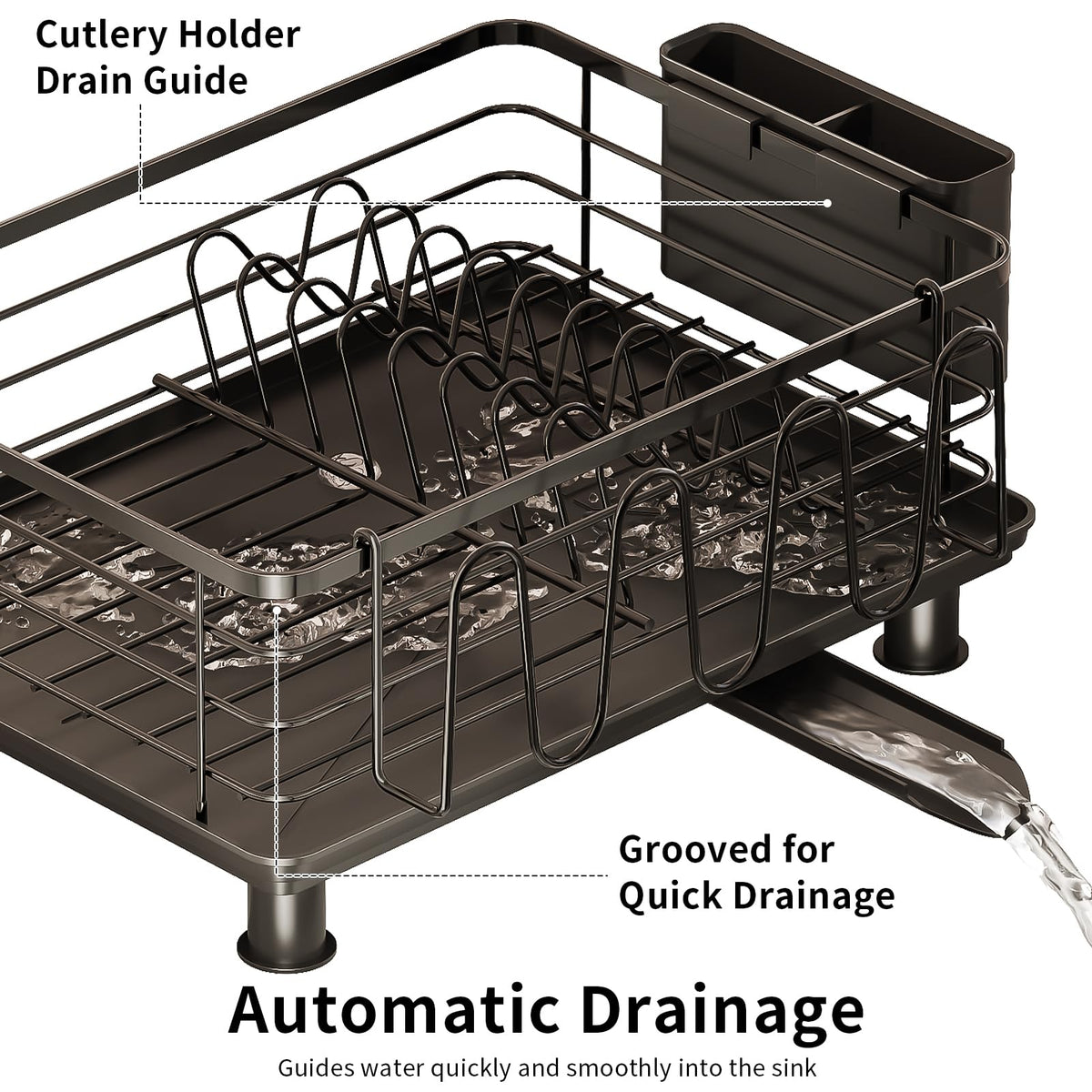 PureBox Dish Drying Rack with 2 Utensil Holders, Rustproof Metal Kitchen Counter Organizer with Cup Holder & Drain Board, Large Capacity Dish Rack for Sink, Black