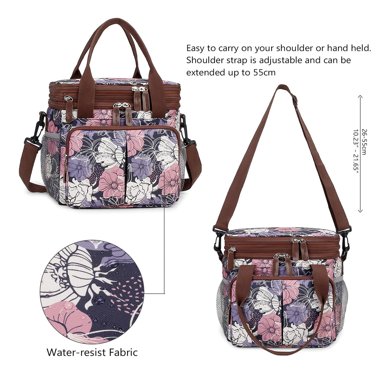 MOV COMPRA Lunch Bag for Women Men Double Deck Expandable Lunch Box,Large Lunch Bags,Leakproof Lunch Box Cooler Bag (Purple Flower)