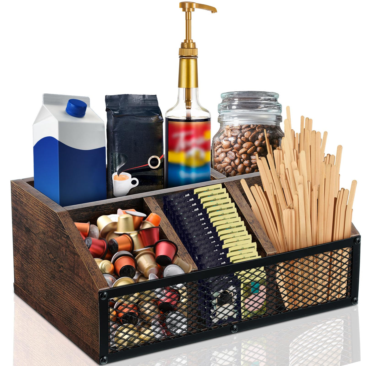 Yalikop Coffee Station Organizer for Countertop, All in One No Assembly Wood Coffee Creamer Bar Holder with Iron Mesh, Office Tea Bar Accessories Gift for New Home Birthday(Dark Brown,Classical)
