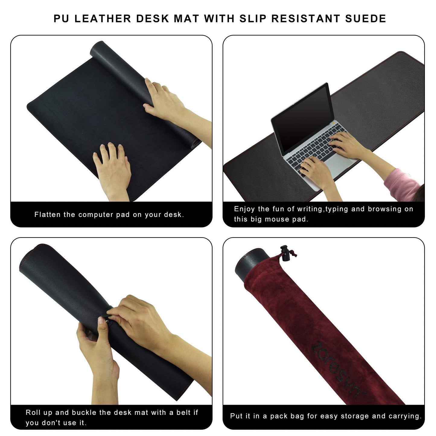 ZORESYN Large Desk Pad (39.4" x 23.6") - Waterproof PU Leather Desk Mat with Non-Slip Base, Office Desk Protector for Keyboard, Mouse, and Writing, Durable Stitched Edges (Black)