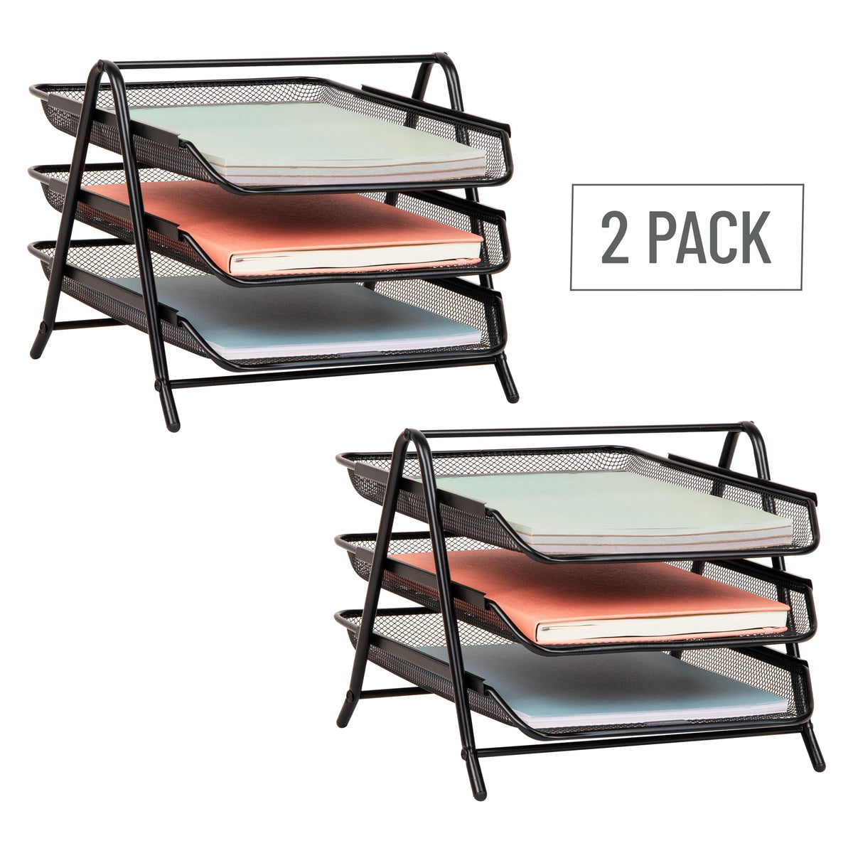 Mind Reader 3-Tier Paper Tray, Desktop Organizer, File Storage, Office, Metal Mesh, 11.75" L x 13.75" W x 10" H, Set of 2, Black