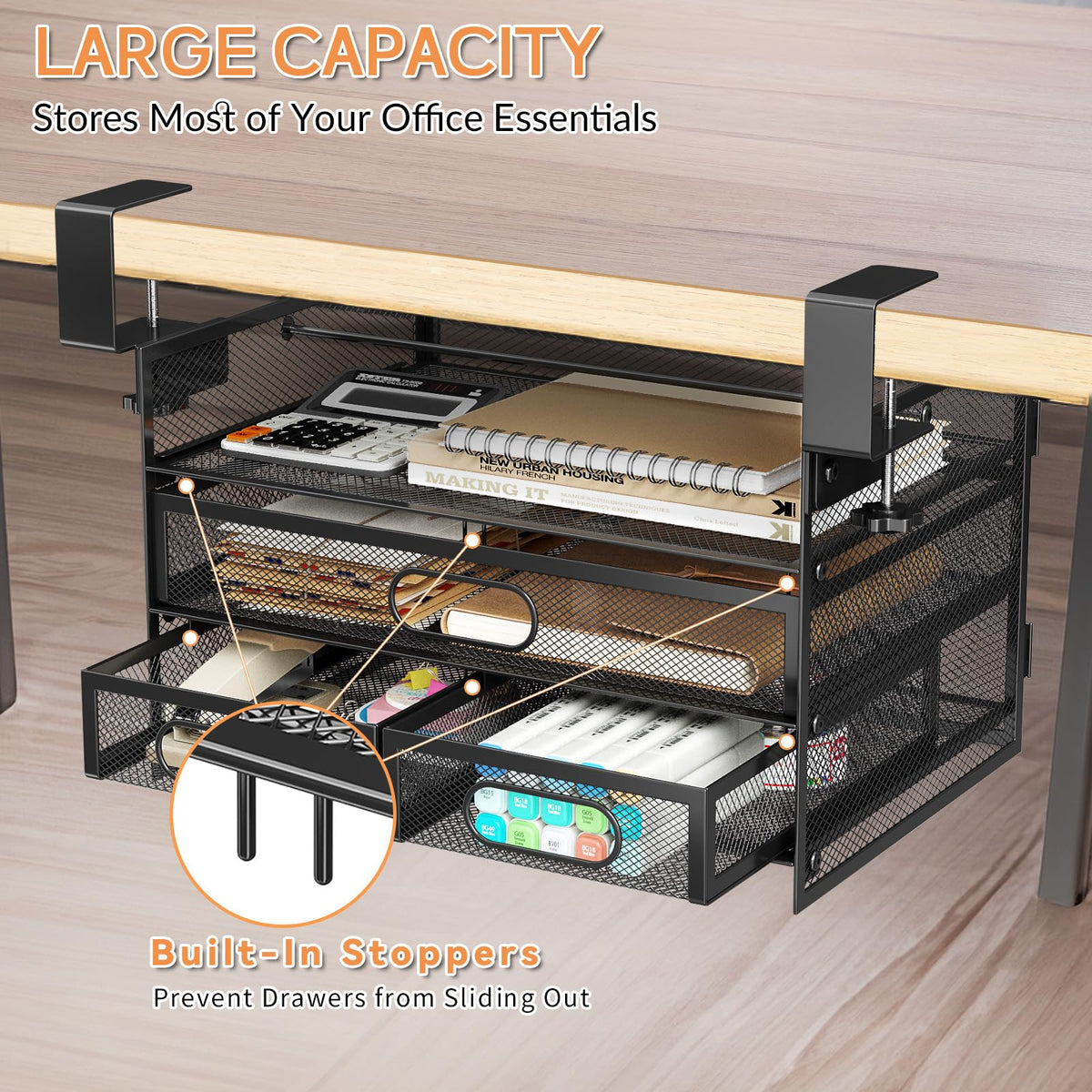 Under Desk Drawer Organizer 3 Layer, Large Under Desk Storage Side Drawers for Home & Office, Drill-Free Clamp-on Installation for Small Space, Spacious Storage for Office Supplies, Papers