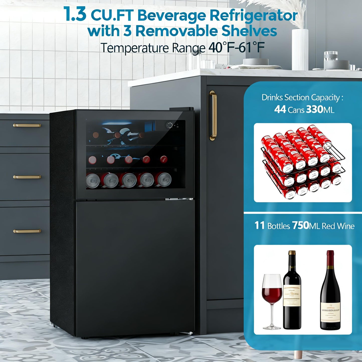 COWSAR 2.6 Cu.Ft Beverage Refrigerator & Mini Fridge with Freezer - Glass Door, Reversible Design, Adjustable Thermostat for Dorm, Office, Bedroom