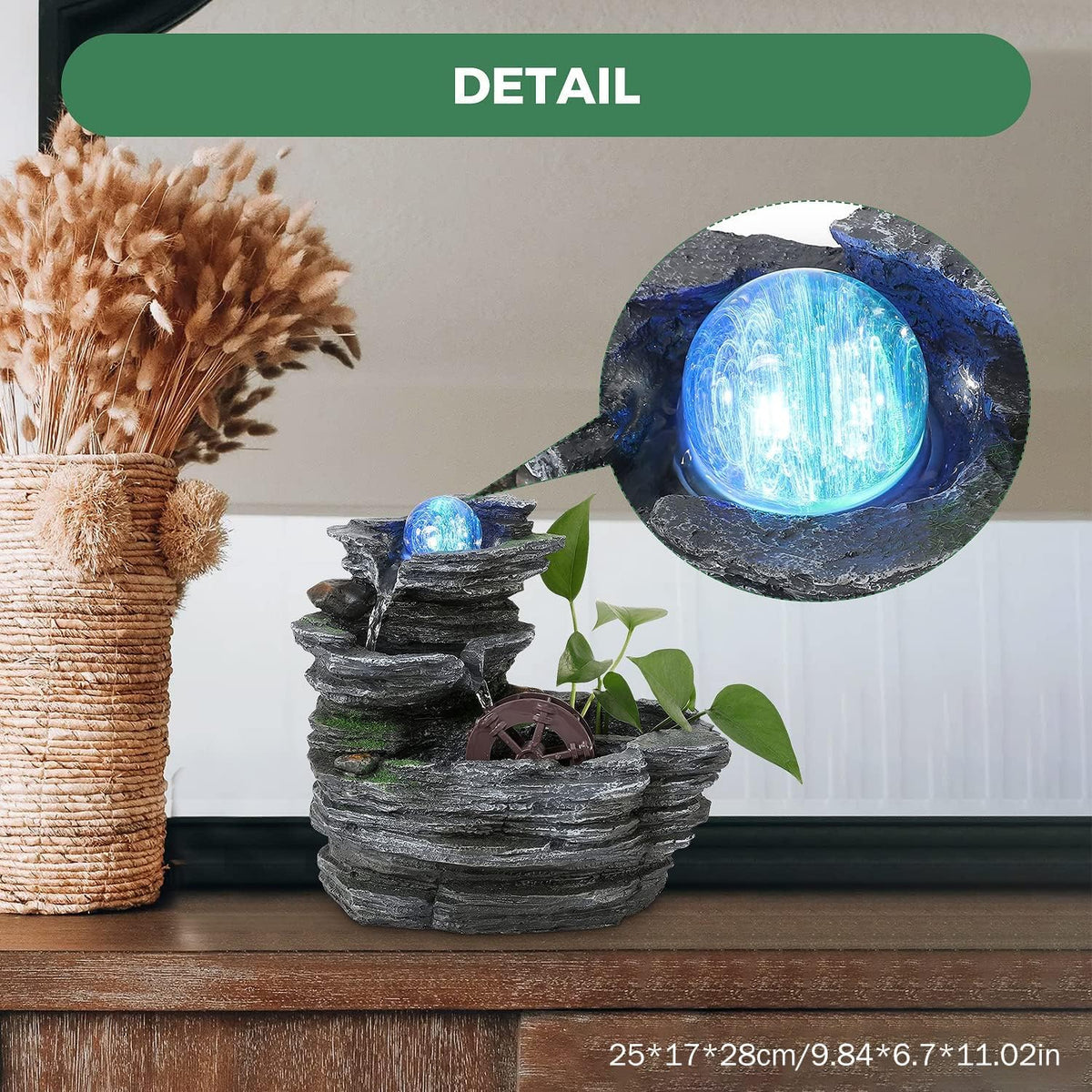 POWLAB Tabletop Water Fountain,Environmental Resin Meditation Waterfall,Desktop Fountain with Waterwheel,Indoor Waterfall Feature with Crystal Ball and Light for Home Office Decor Relaxation 10X7X11in