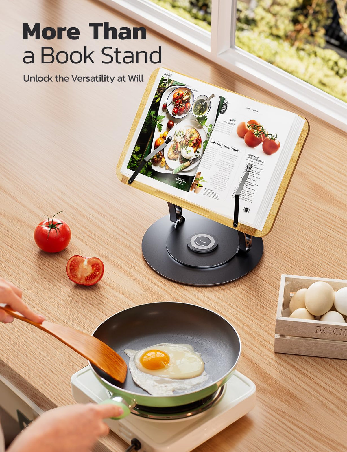 Nulaxy Bamboo 360 Rotating Book Stand for Reading, Adjustable Textbook Holder for Reading Hands-Free, Foldable Desktop Cookbook Stand with Protective Page Clips, Fits All Books - Gray