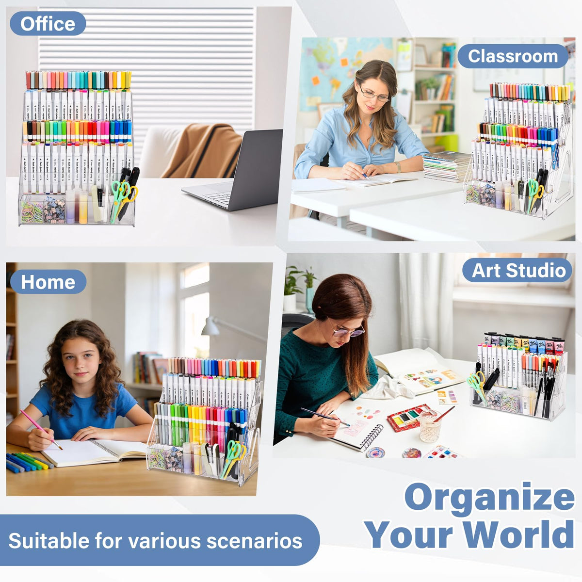 CELSOL Acrylic Marker Organizer – 4 Tier 20 Compartments for Pens, Markers, Art Supplies & Office Essentials – Clear Vertical Desk Storage for Home, Office & School
