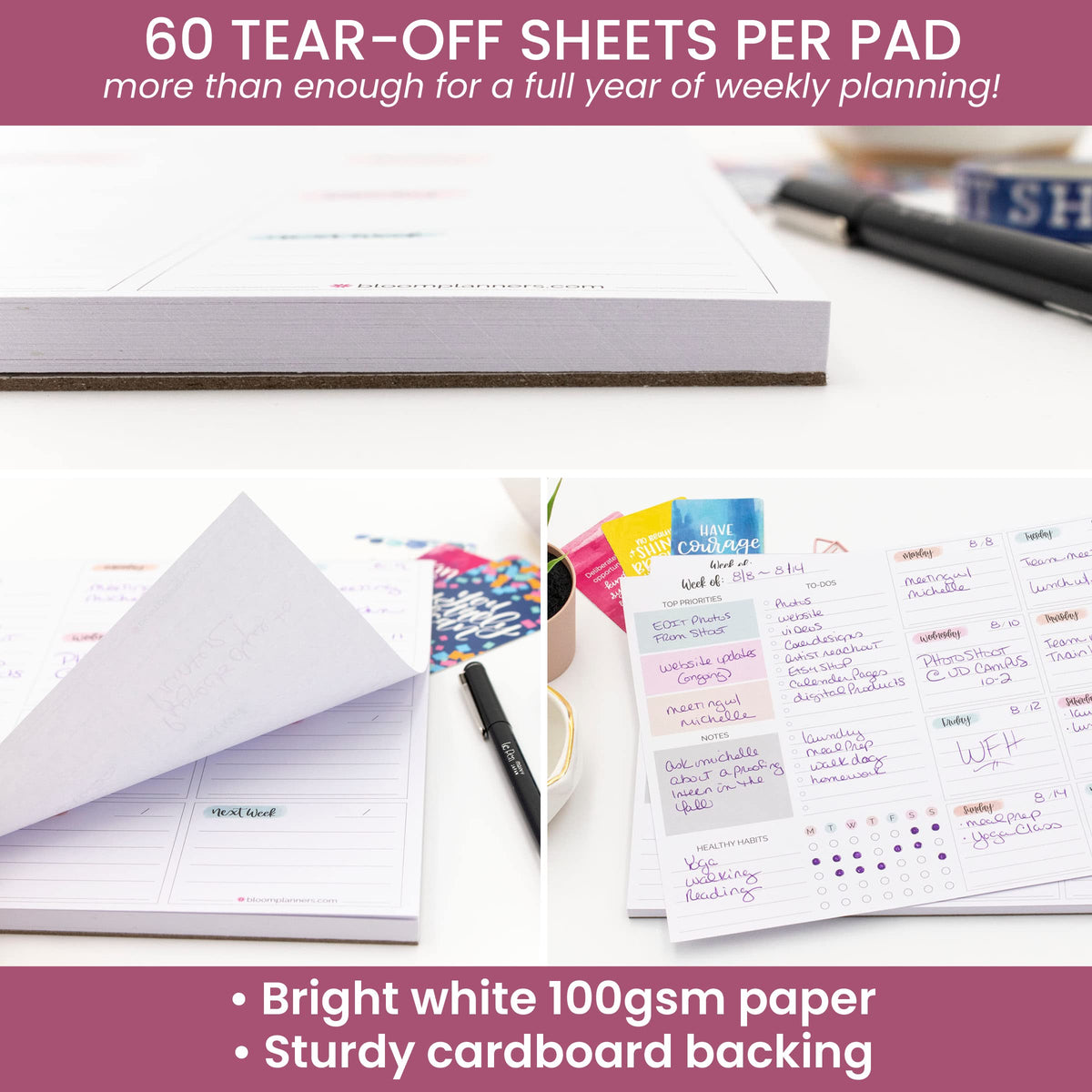 bloom daily planners Horizontal Weekly To Do List Notepad with 60 Undated Sheets - Weekly Desk Planner or Chore Pad with Priorities & Habit Tracker - 8.5” x 11” - Pastel