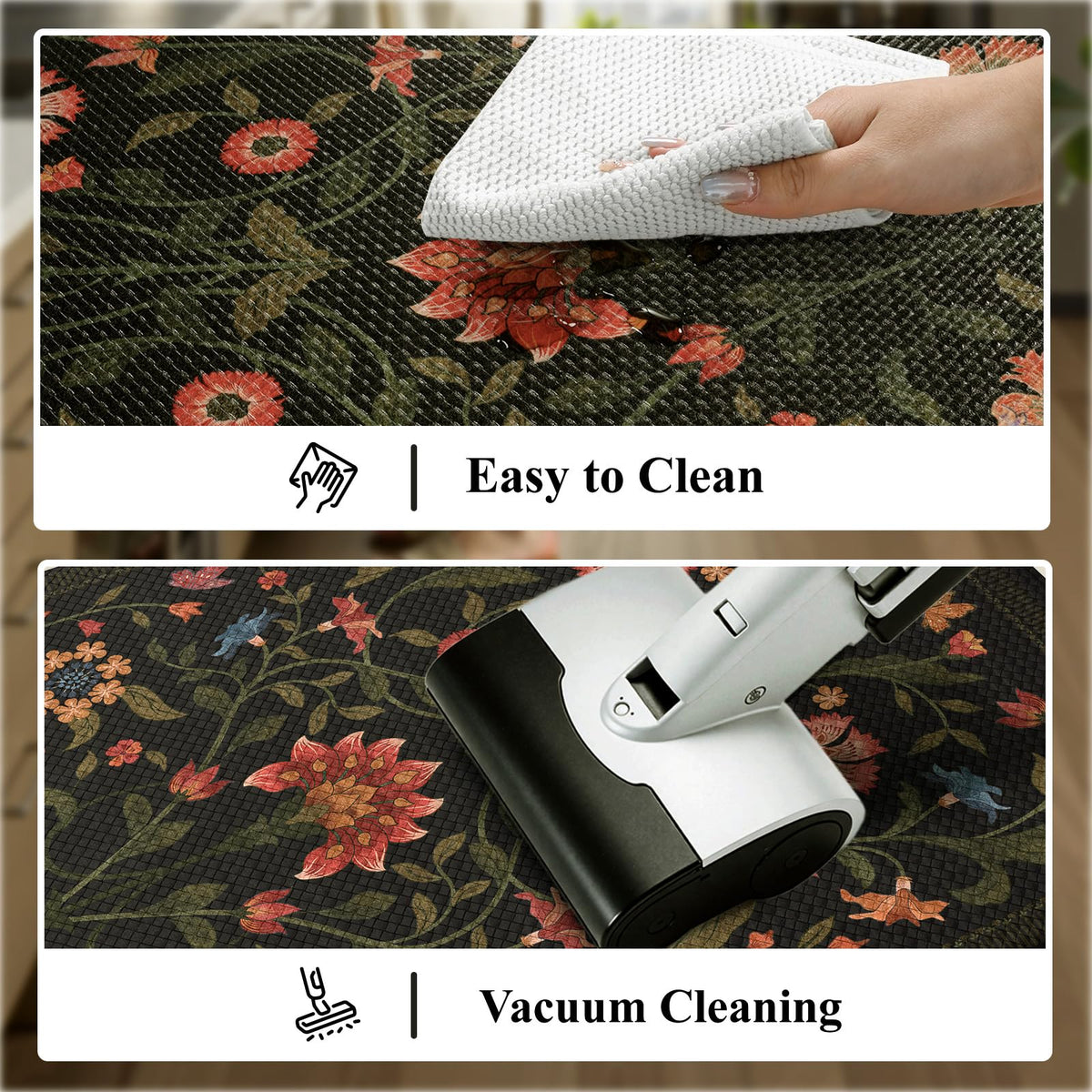 Collive Kitchen Mats for Floor 2PCS, Cushioned Anti Fatigue Mat Non Slip Waterproof Kitchens Sink Rug, Floral Comfort Padded Standing Mat for Laundry, Desk, Bar, Office, 17.3"x29"+17.3"x47", Black