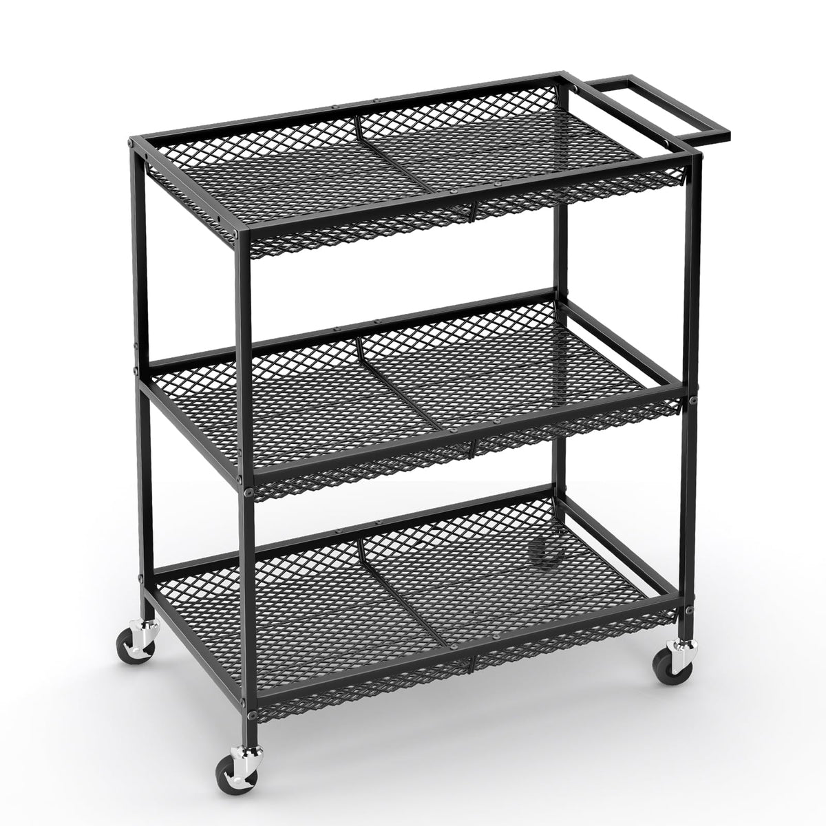 3 Tier Rolling Utility Kitchen Cart, Heavy Duty Wire Rolling Cart on Wheels, Commercial Metal Serving Carts with Handle, Kitchen Island Plant Shelf Food Storage Trolley for Laundry, Office, Garage