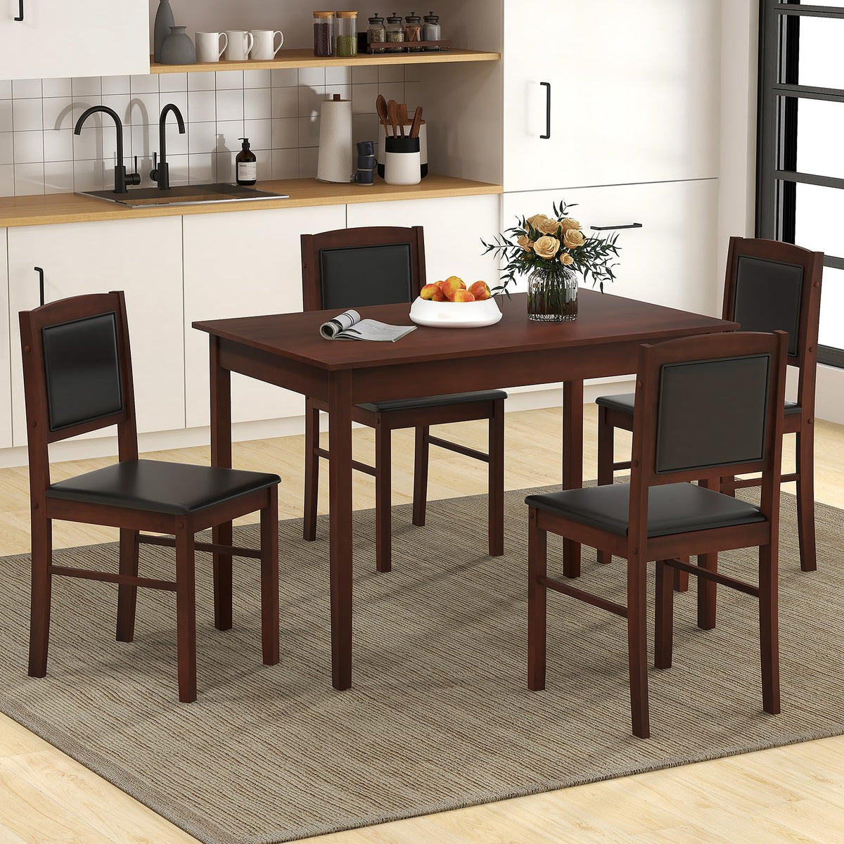 NAFORT 5 Piece Dining Table Set for 4, Farmhouse Solid Wood Kitchen Table Chairs Set of 4, Mid-Century Modern Dinette Set w/Upholstered Dining Chairs, 4 Seat Dining Room Table for Kitchen,Office