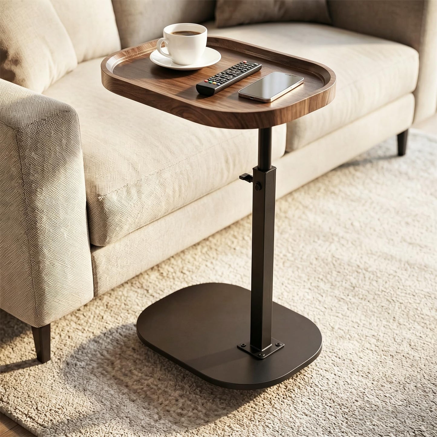 Eansstofars Adjustable Height TV Dinner Tray Table for Eating, 360°Swivel Small C Shaped End Side Table for Living Room, Bedroom,Hospital, Couch Armrest Table that Slide Under Sofa, Bed, Desk