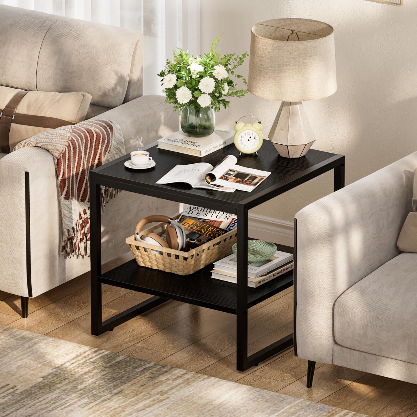Homieasy End Table, 20 Inch Square End Table, Mini Fridge Stand with 2-Tier Storage Shelves, Industrial Wood Side Table Small Table Stand for Living Room, Bedroom, Office, Black