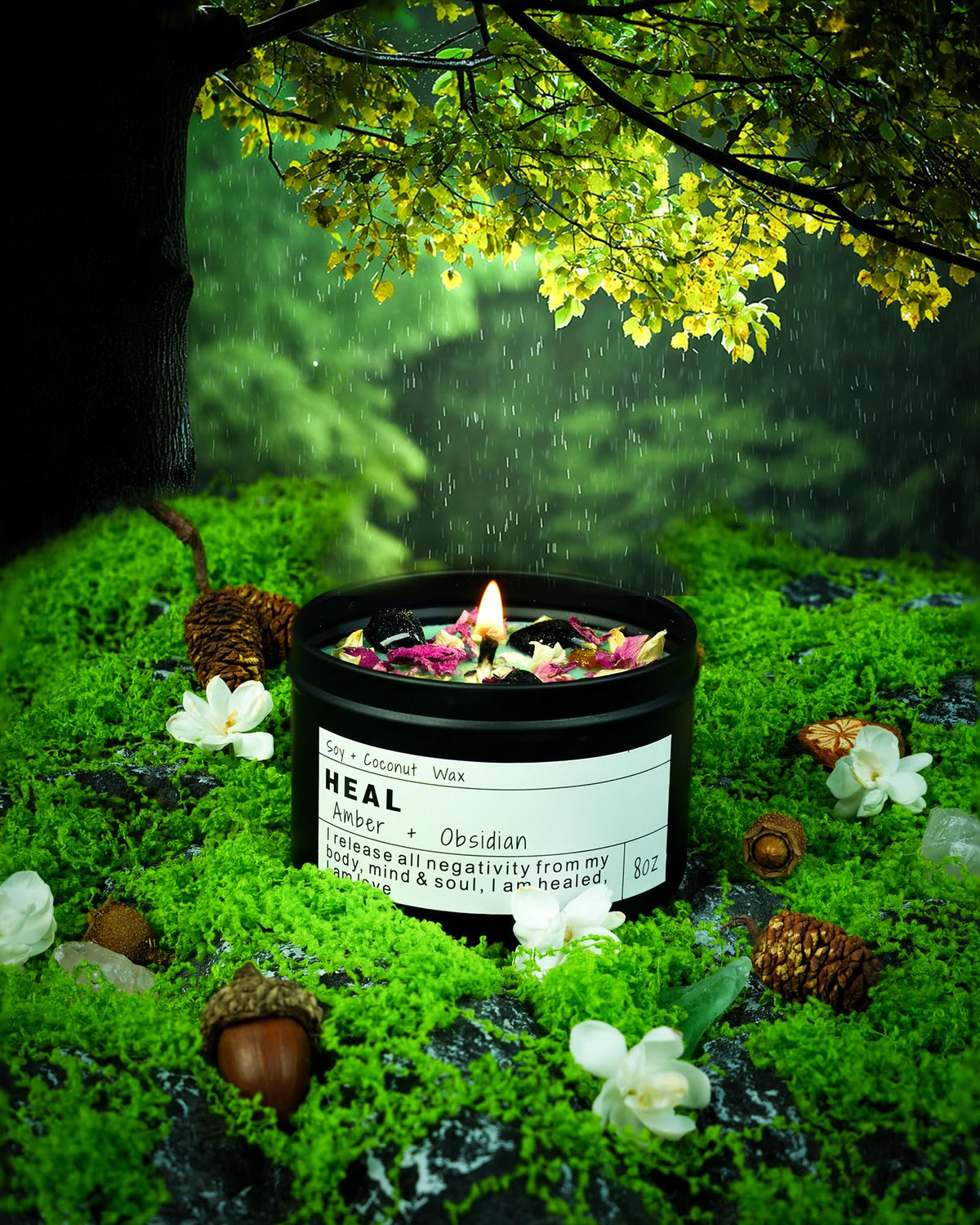 Obsidian Crystal Energy Candle, Good Aura Health Protection, Baltic Amber Chakra Magic Self-Care, Emotional Support, Encouragement and Affirmation Gift.(HEAL)