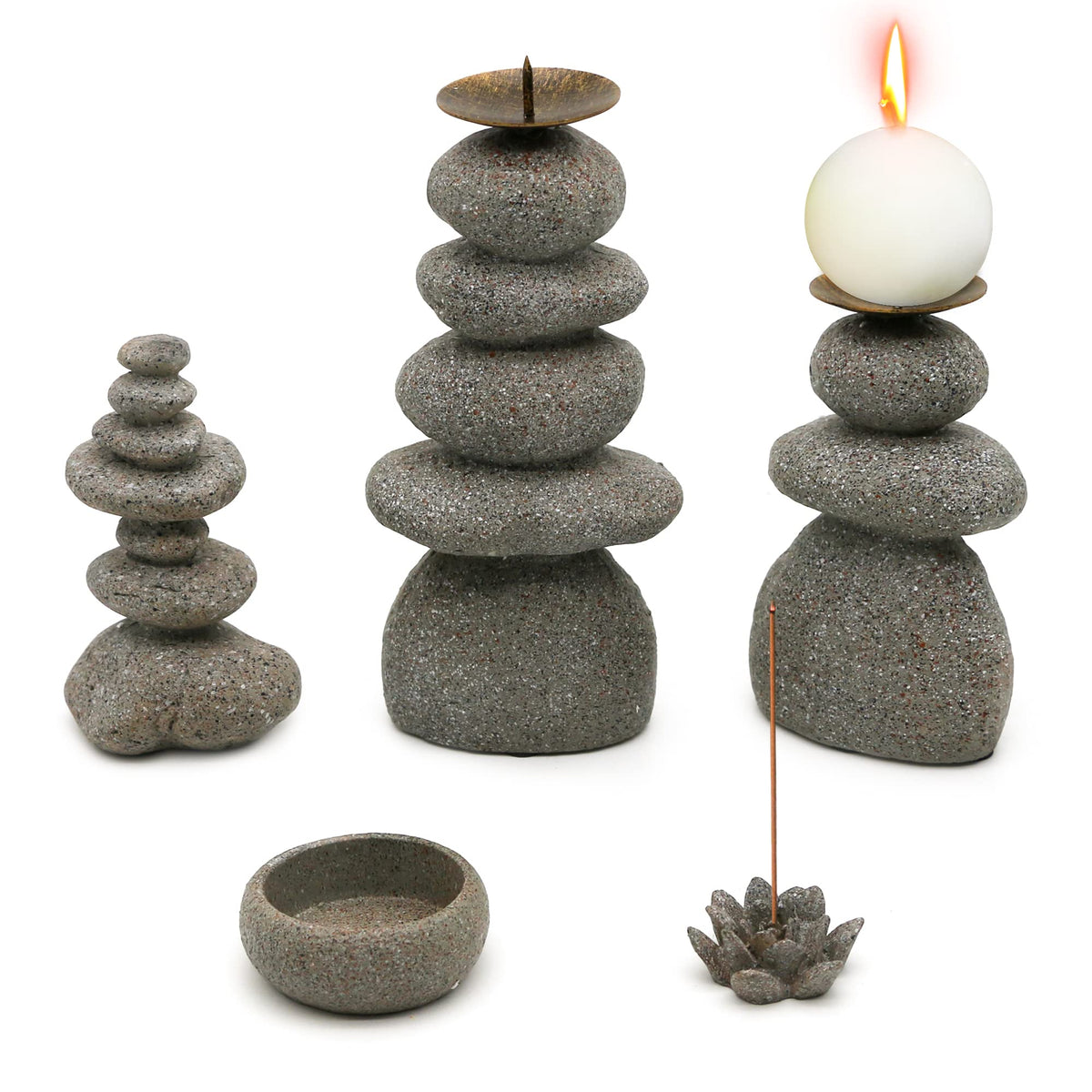 Rock Cairns Candle Holder - Taper Pillar Candle Stick Holder Set of 5 - Balance Stones Candlestick Holders Candlelight Stand for Zen Garden, Altar, Mantle, Yoga, Home Decoration, Meditation Gift