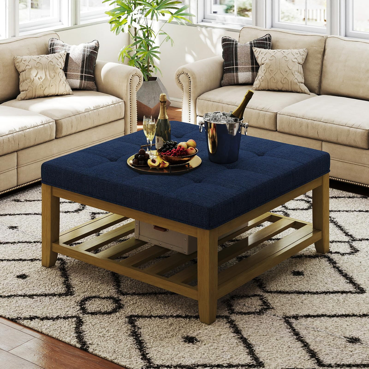 Befurtori Large Square Ottoman Coffee Table, Linen Solid Upholstered Footrest Ottoman with Solid Wood Shelf Storage Tufted Coffee Table for Bedroom Living Room, Navy Blue
