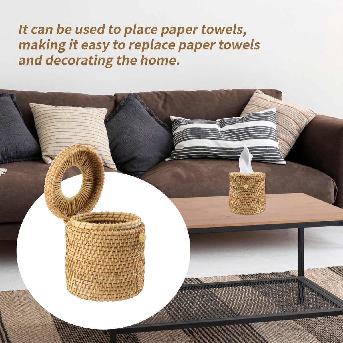 Risbay 1PCS Rattan Round Tissue Box Cover Tissue Box Holder Decorative Woven Facial Tissue Holder