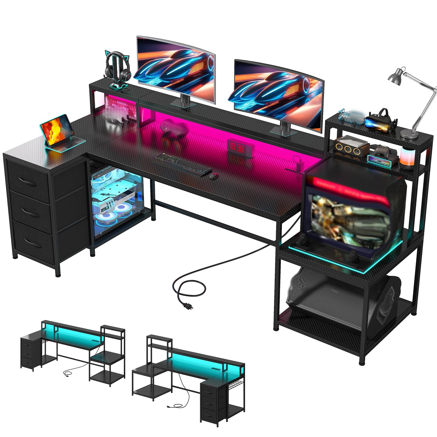 71" L Shaped Gaming Desk with 3 Drawers & Hutch,Computer Desk with Monitor Stand & Power Outlet,Home Office Desk Reversible Black Desk with LED Light,Printer Shelf for Home Office,Black Carbon Fiber